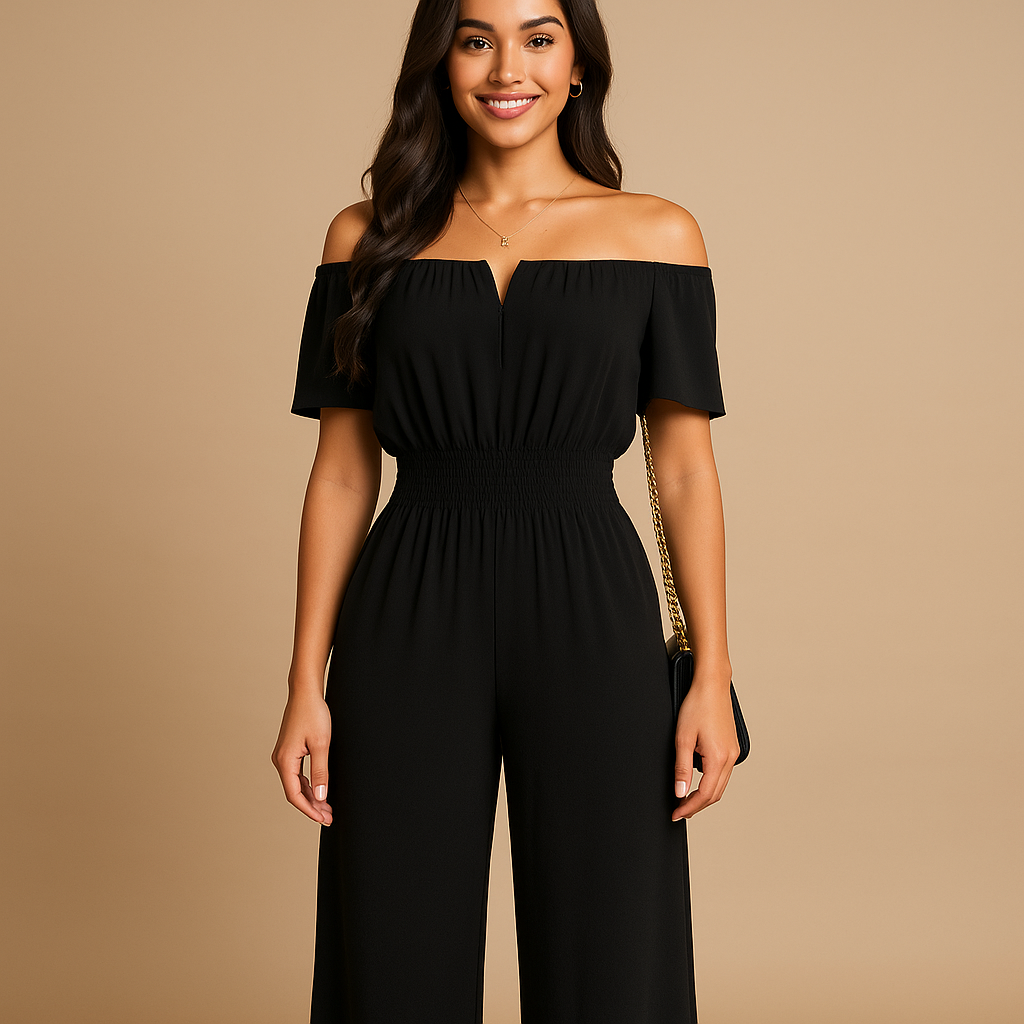 Off-shoulder jumpsuit for women with pleated accents and elastic waist, ideal for summer parties, brunches, and relaxed beach days.
