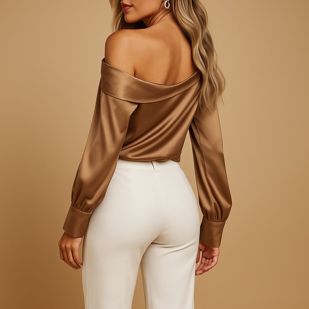 Off-shoulder satin look blouse for women with long sleeves and elegant design, perfect for stylish evenings, romantic dinners, or festive occasions.