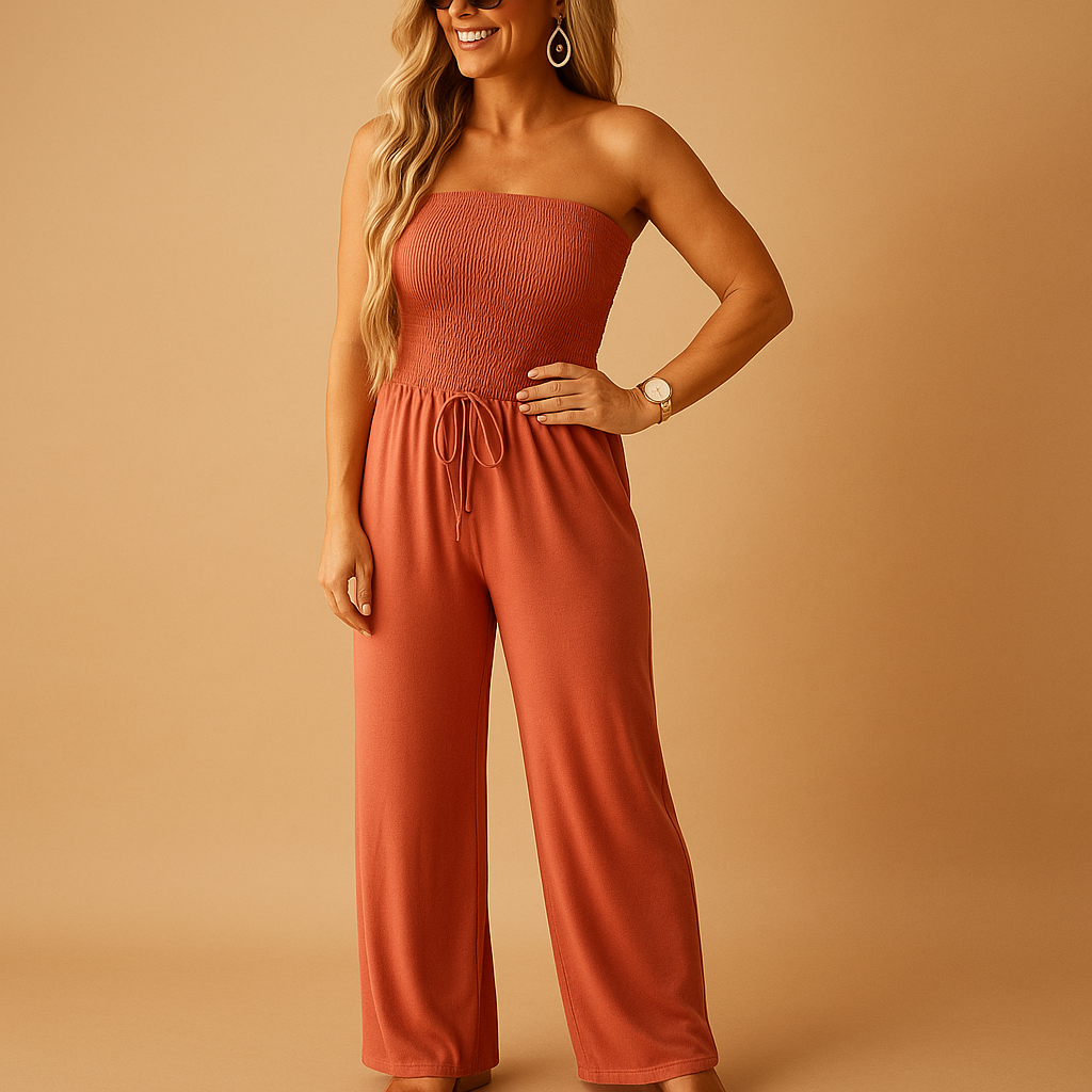 Off-shoulder orange summer jumpsuit for women with pockets and airy fit, perfect for casual days, outdoor parties, and warm-weather styling.