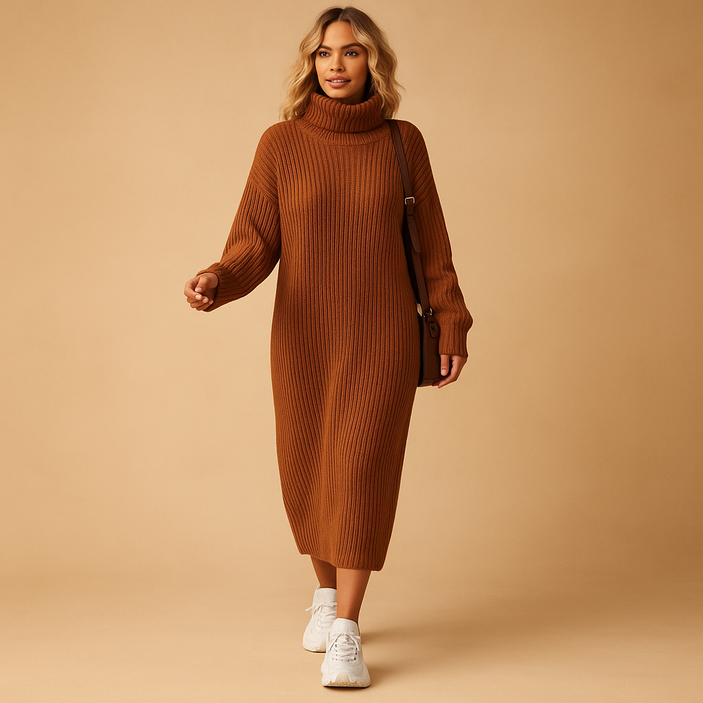 Oversized knitted sweater dress for women in soft fabric with long sleeves, ideal for autumn walks or cozy winter days at home.