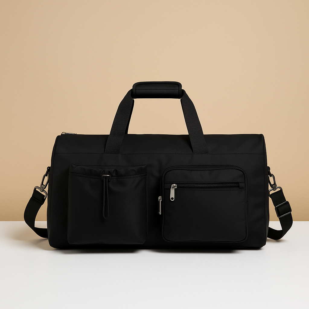 Men’s oxford garment duffle bag with built-in suit holder, shoe compartment, and convertible straps, ideal for business or travel.