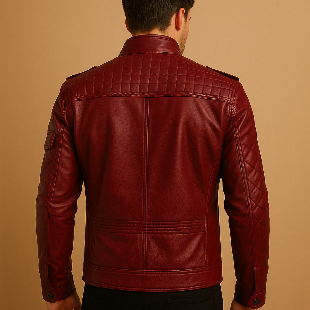 Men’s padded leather jacket with stand-up collar and zip closure, designed for stylish comfort in casual and formal wear