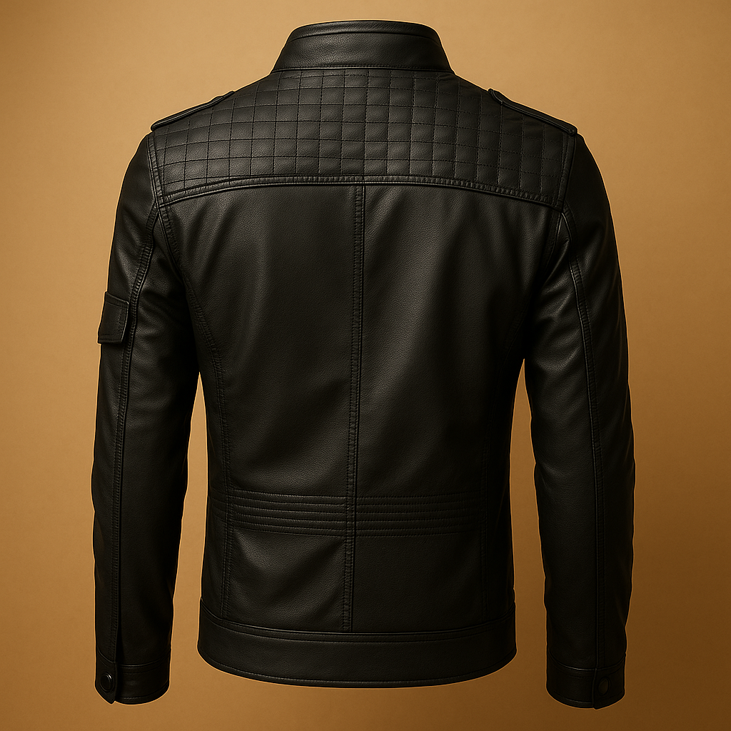 Men’s padded leather jacket with stand-up collar and zip closure, designed for stylish comfort in casual and formal wear