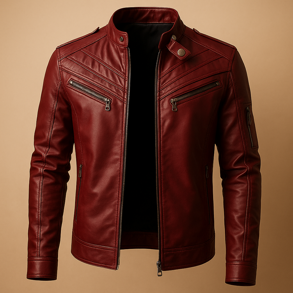 Men’s padded leather jacket with stand-up collar and zip closure, designed for stylish comfort in casual and formal wear