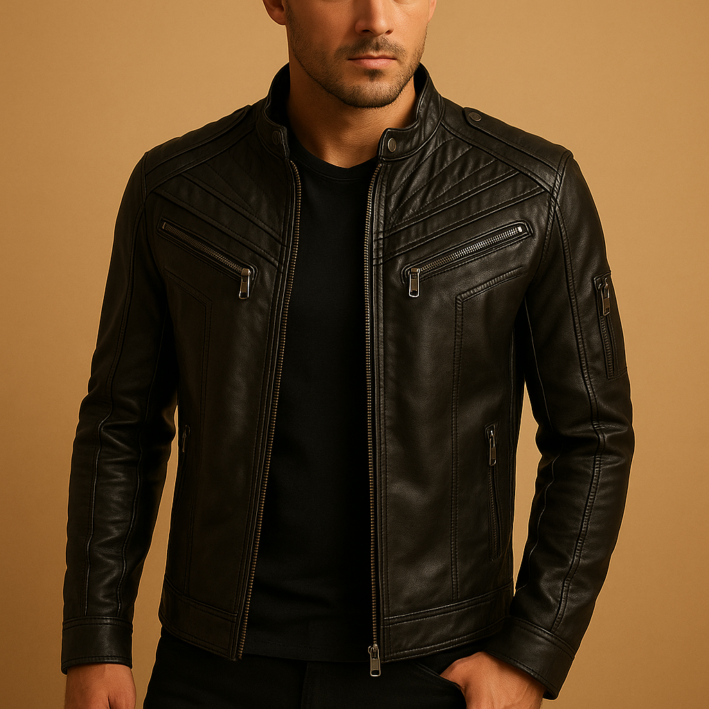 Men’s padded leather jacket with stand-up collar and zip closure, designed for stylish comfort in casual and formal wear