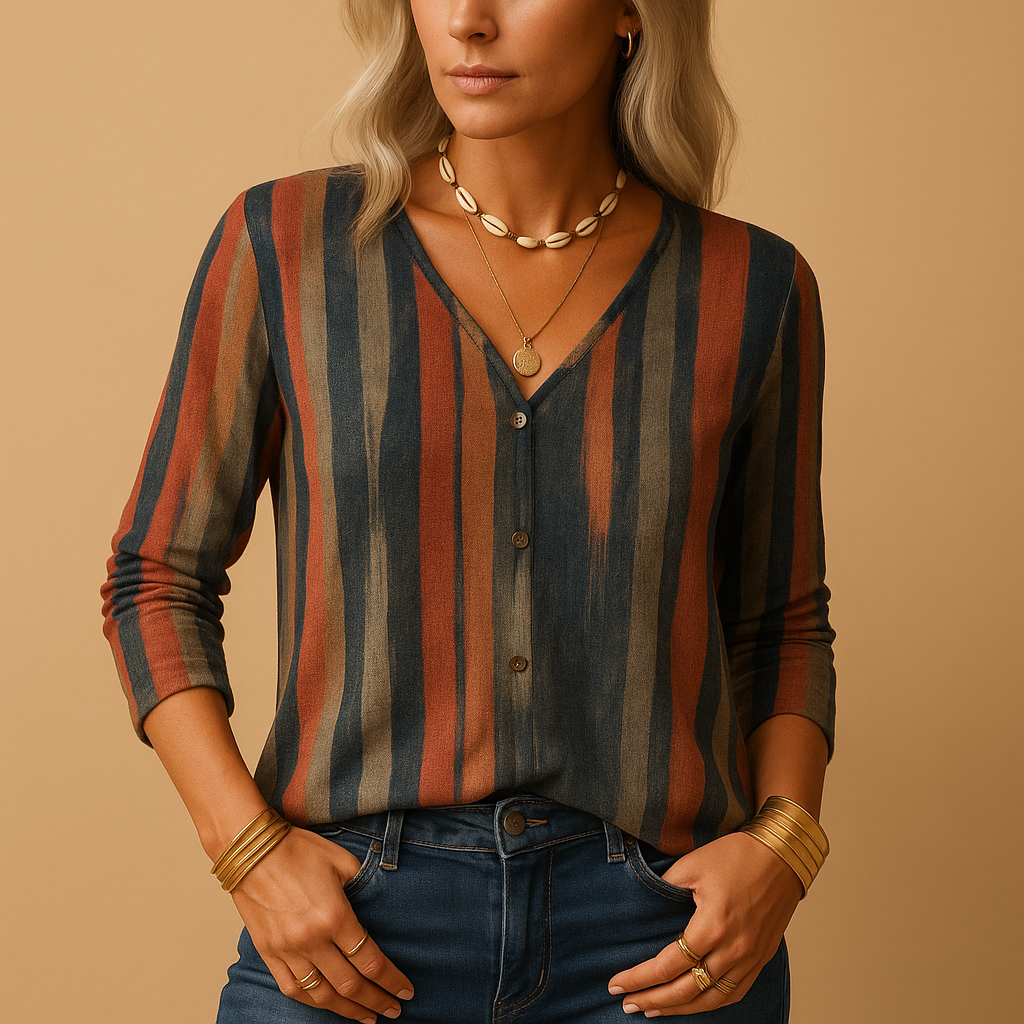 Patterned long sleeve cotton top for women featuring patchwork, stripes, and black-and-white designs, perfect for casual or office wear.