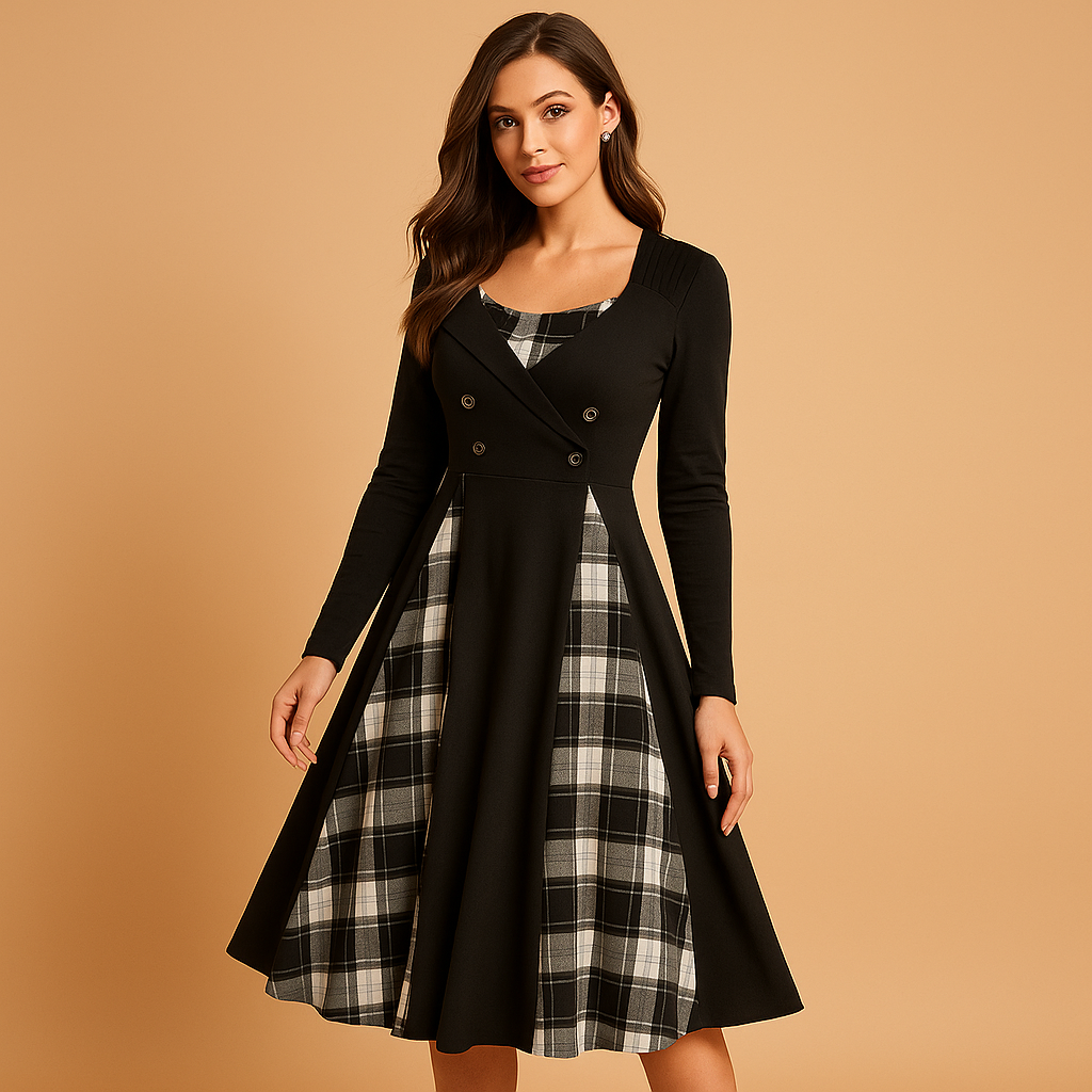 Plaid A-line midi dress for women with long sleeves, double-button closure, and flared skirt, ideal for work or formal occasions.