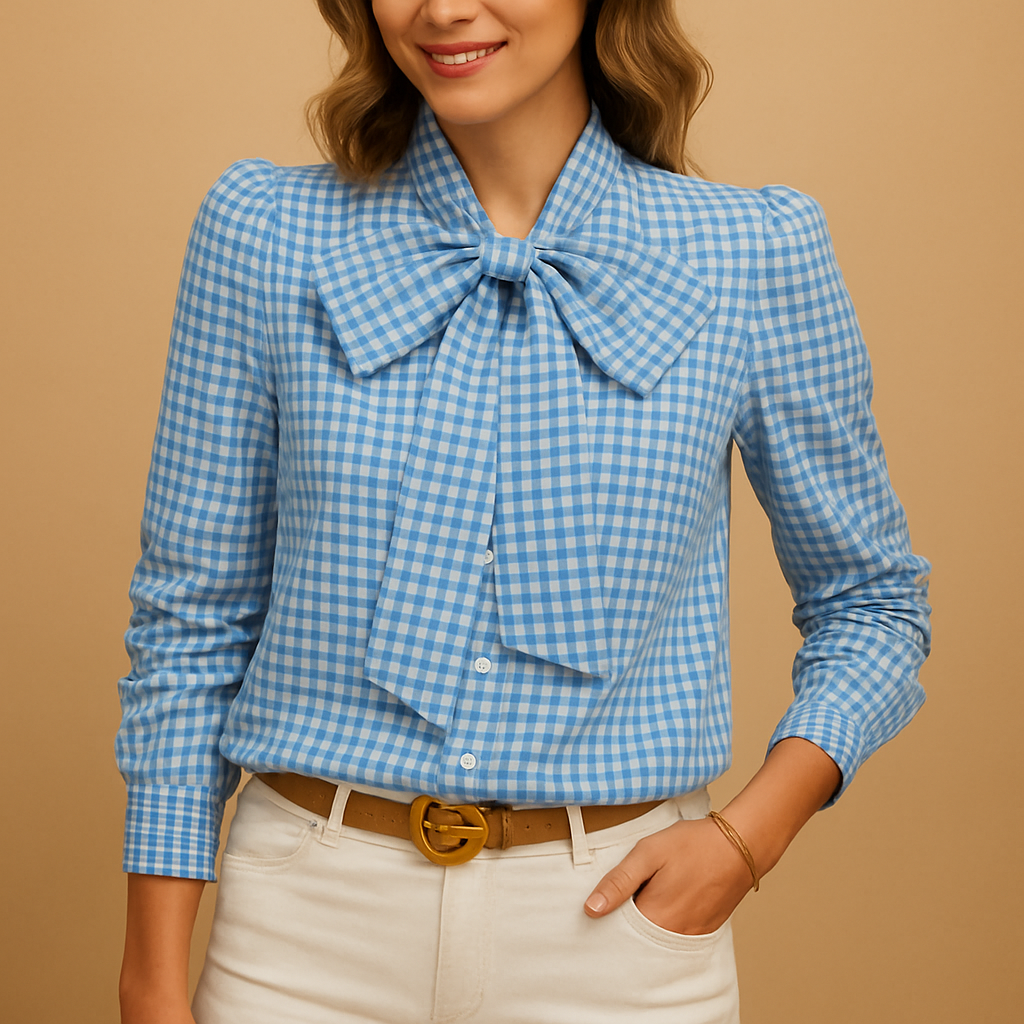Elegant plaid blouse with bow detail for women, perfect for stylish work outfits or casual wear in every season.
