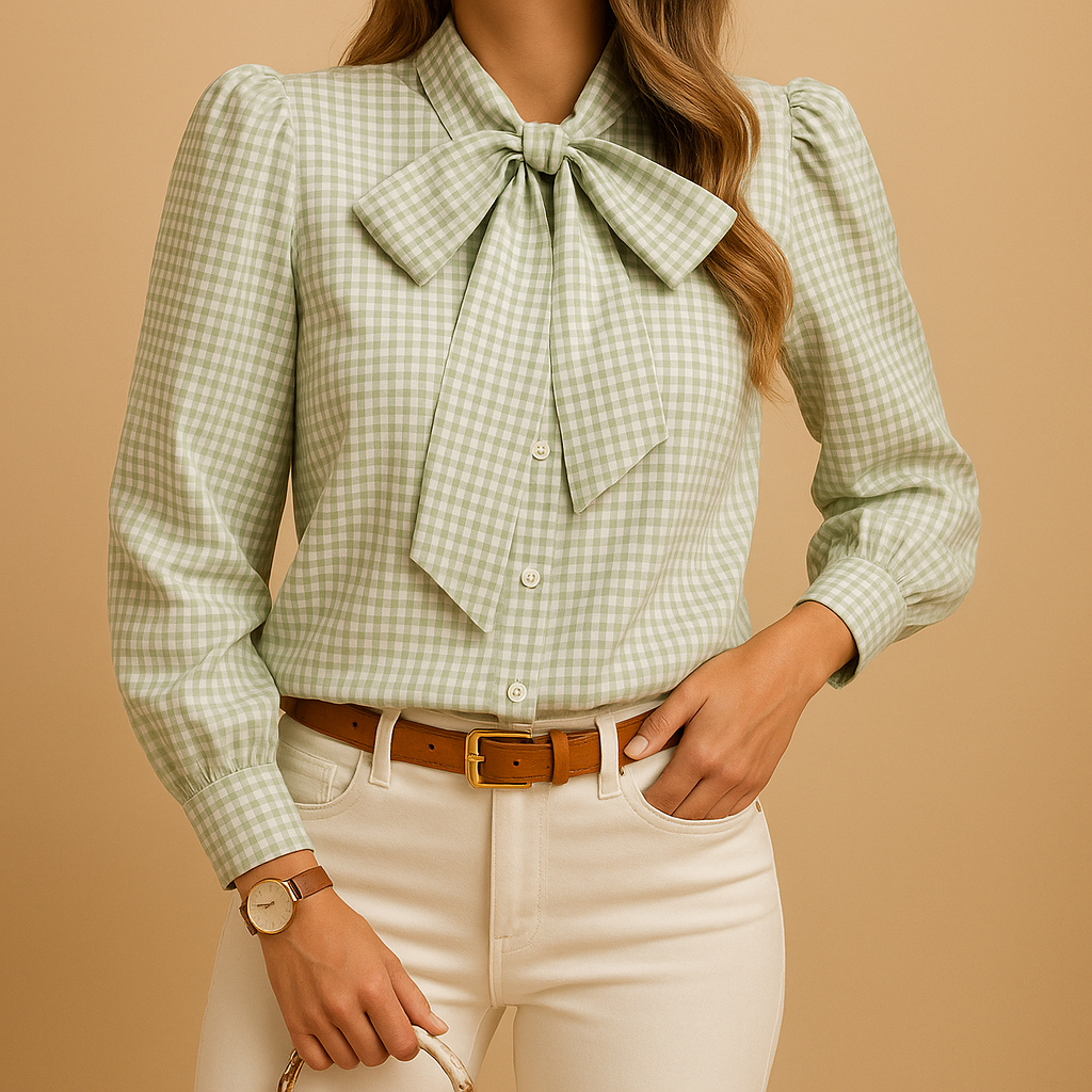Elegant plaid blouse with bow detail for women, perfect for stylish work outfits or casual wear in every season.