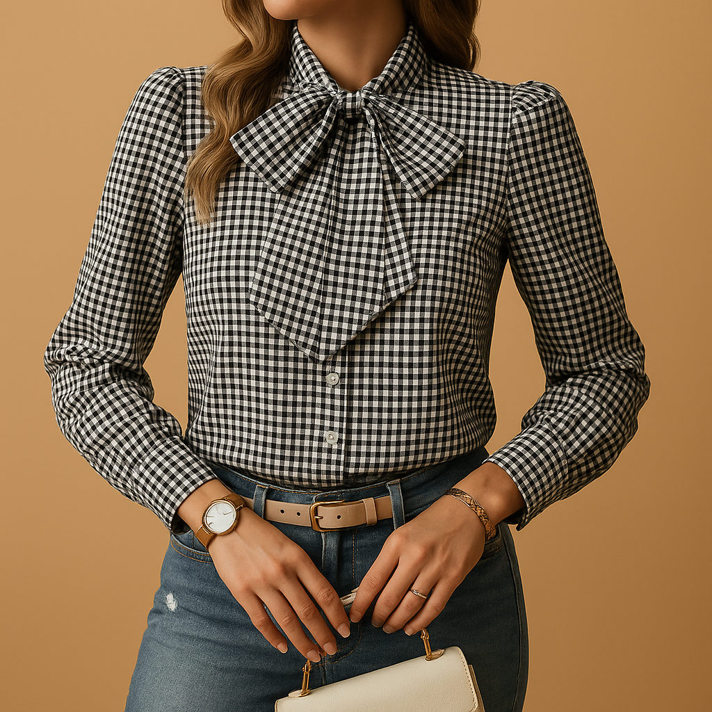 Elegant plaid blouse with bow detail for women, perfect for stylish work outfits or casual wear in every season.