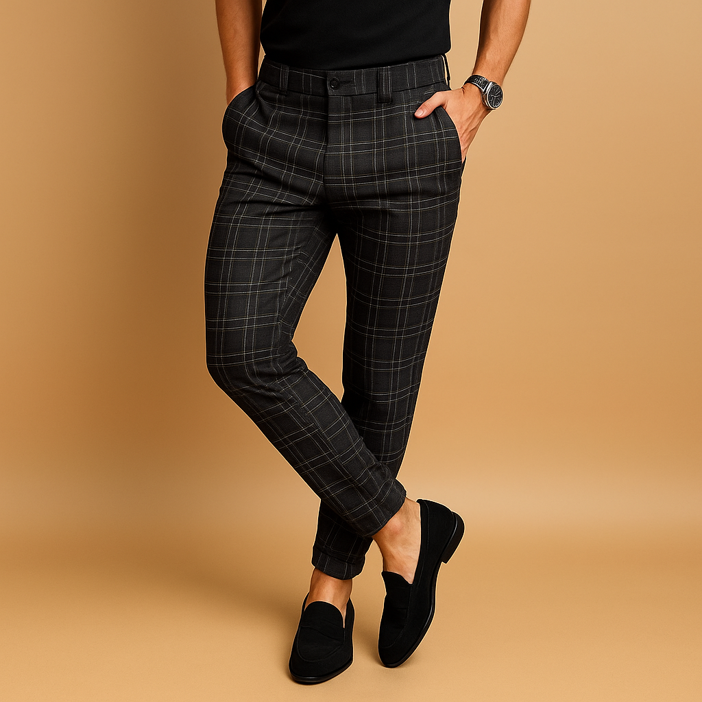 Men’s plaid casual trousers with a relaxed fit and subtle check pattern, ideal for both daily wear and smart-casual outfits.