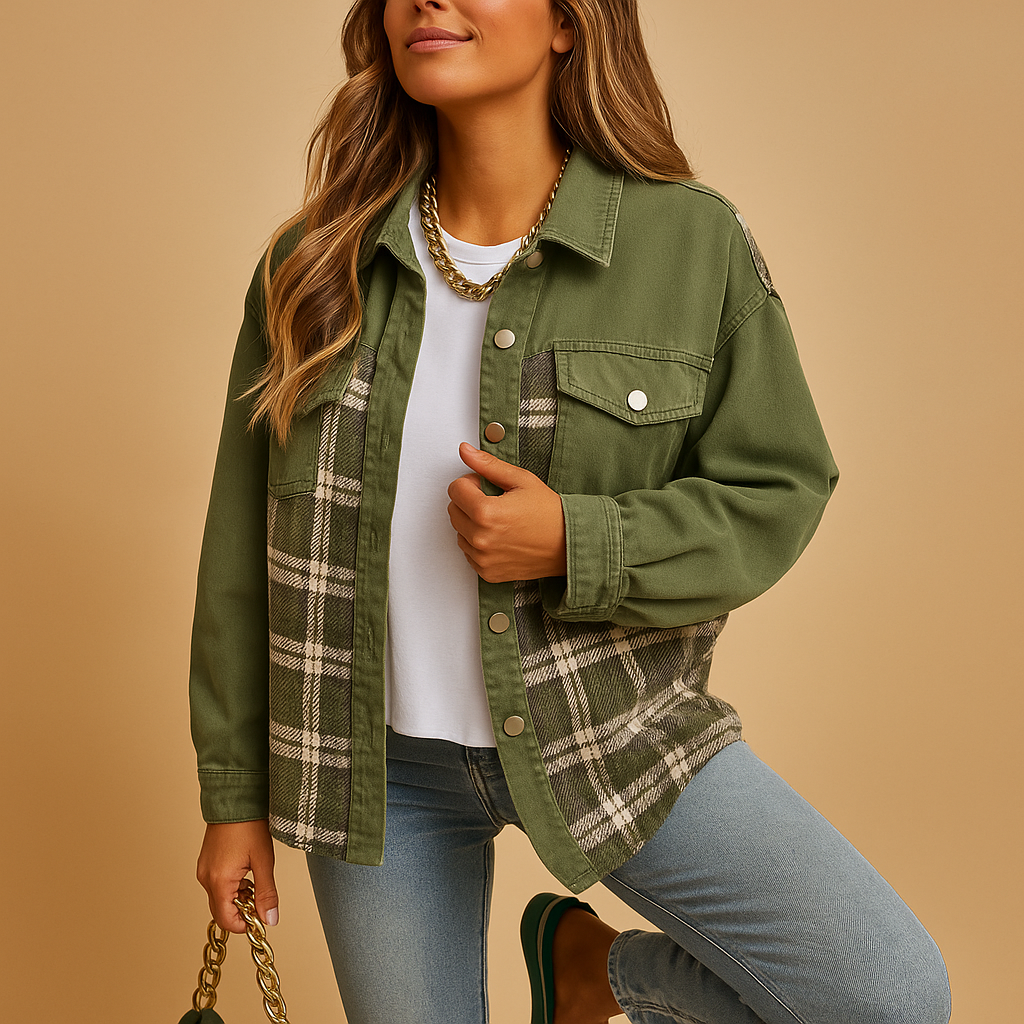 Women’s plaid denim-style jacket with soft fabric and relaxed long sleeves, ideal for layering in casual or semi-formal looks