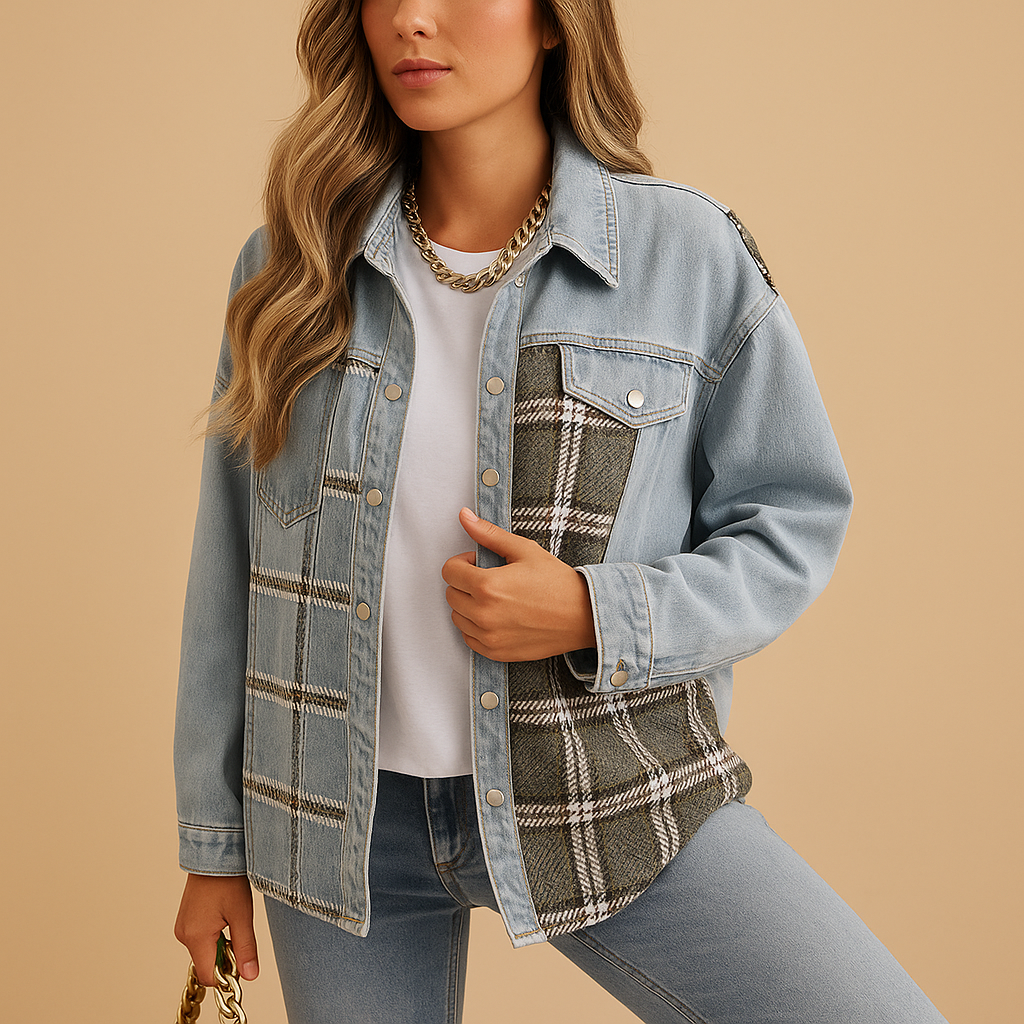 Women’s plaid denim-style jacket with soft fabric and relaxed long sleeves, ideal for layering in casual or semi-formal looks