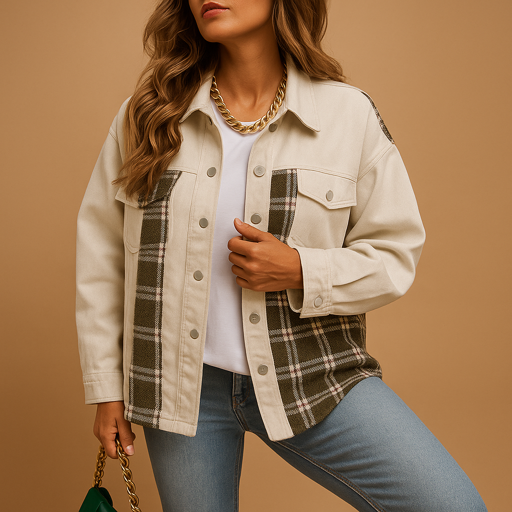 Women’s plaid denim-style jacket with soft fabric and relaxed long sleeves, ideal for layering in casual or semi-formal looks