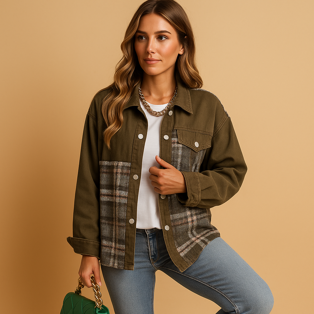 Women’s plaid denim-style jacket with soft fabric and relaxed long sleeves, ideal for layering in casual or semi-formal looks