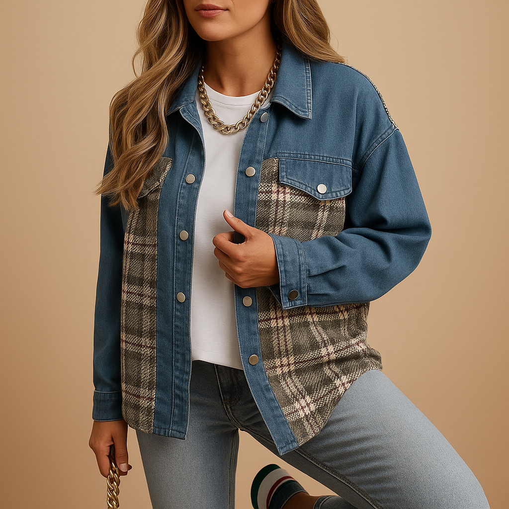 Women’s plaid denim-style jacket with soft fabric and relaxed long sleeves, ideal for layering in casual or semi-formal looks
