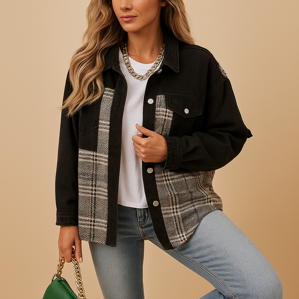 Women’s plaid denim-style jacket with soft fabric and relaxed long sleeves, ideal for layering in casual or semi-formal looks