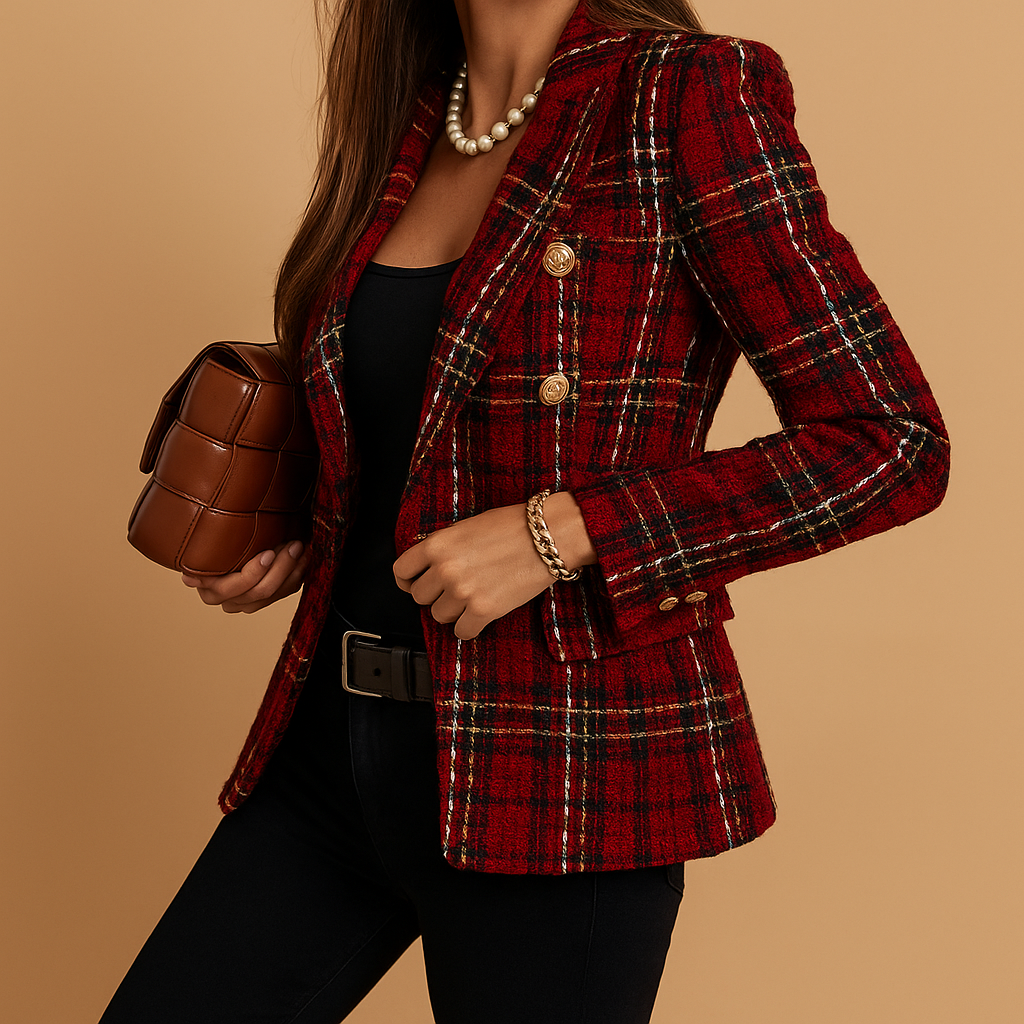Women’s plaid double-breasted blazer with classic check pattern and long sleeves, perfect for work or casual chic outfits.