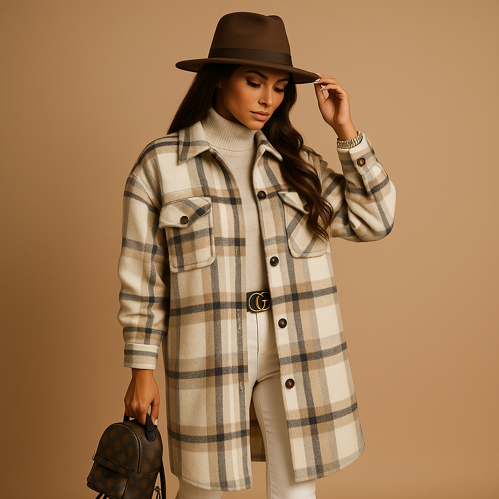 Women’s long plaid wool-look coat in brown, khaki, and green with button closure and tailored fit, ideal for fall and winter elegance