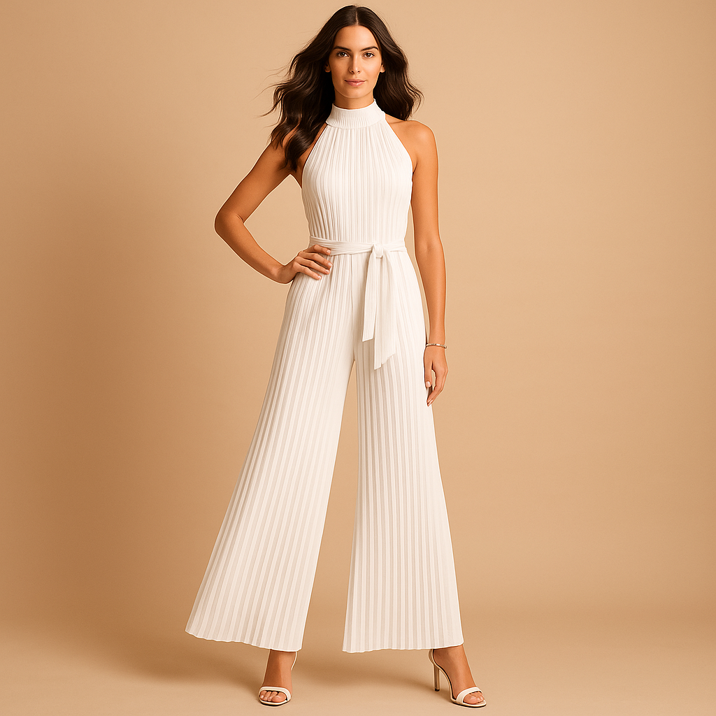 Pleated high-neck jumpsuit for women with wide legs and waist belt, perfect for formal occasions or elegant daywear in soft pastel tones.