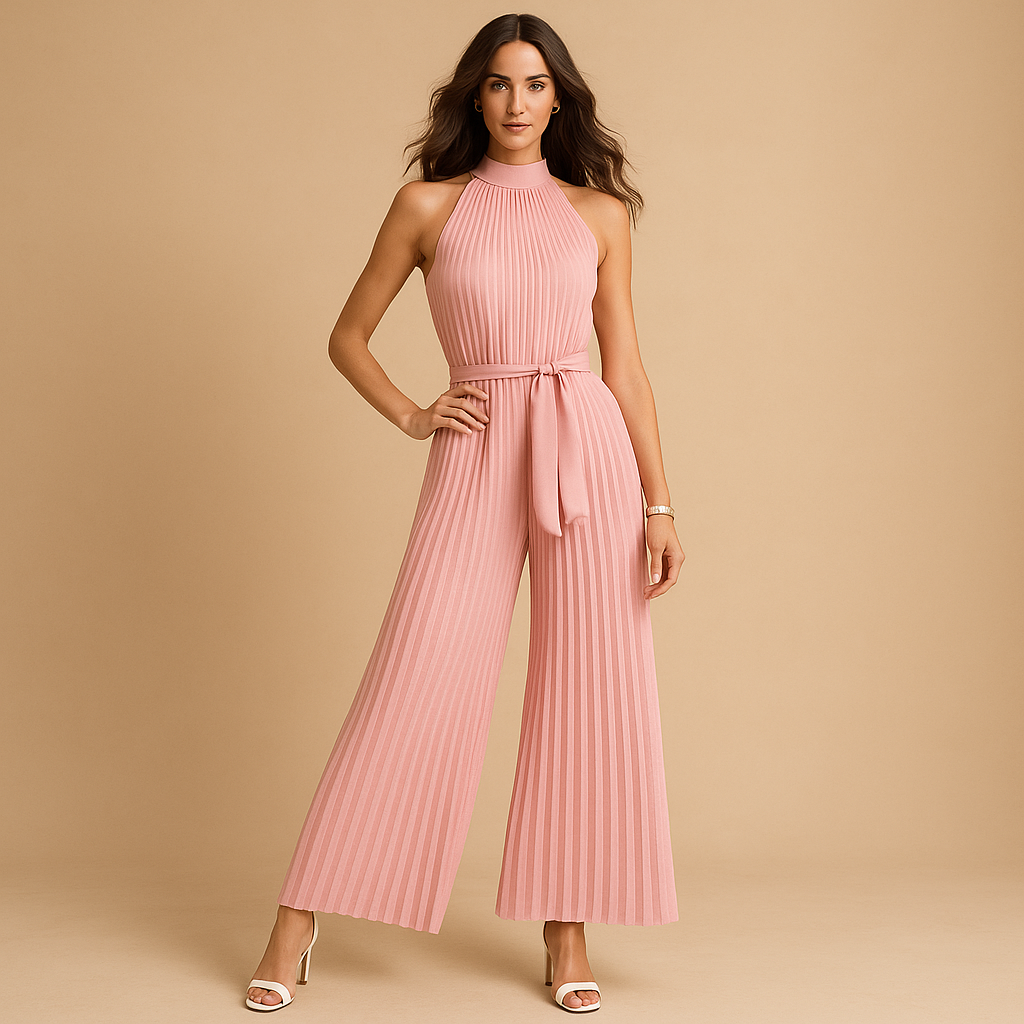 Pleated high-neck jumpsuit for women with wide legs and waist belt, perfect for formal occasions or elegant daywear in soft pastel tones.