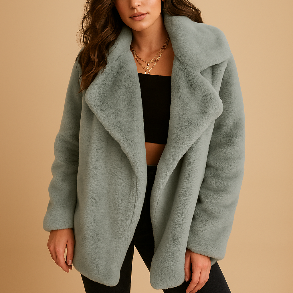 Plush winter coat for women with lapel collar, silky-soft texture, and practical side pockets—ideal for warmth and style in cold weather.