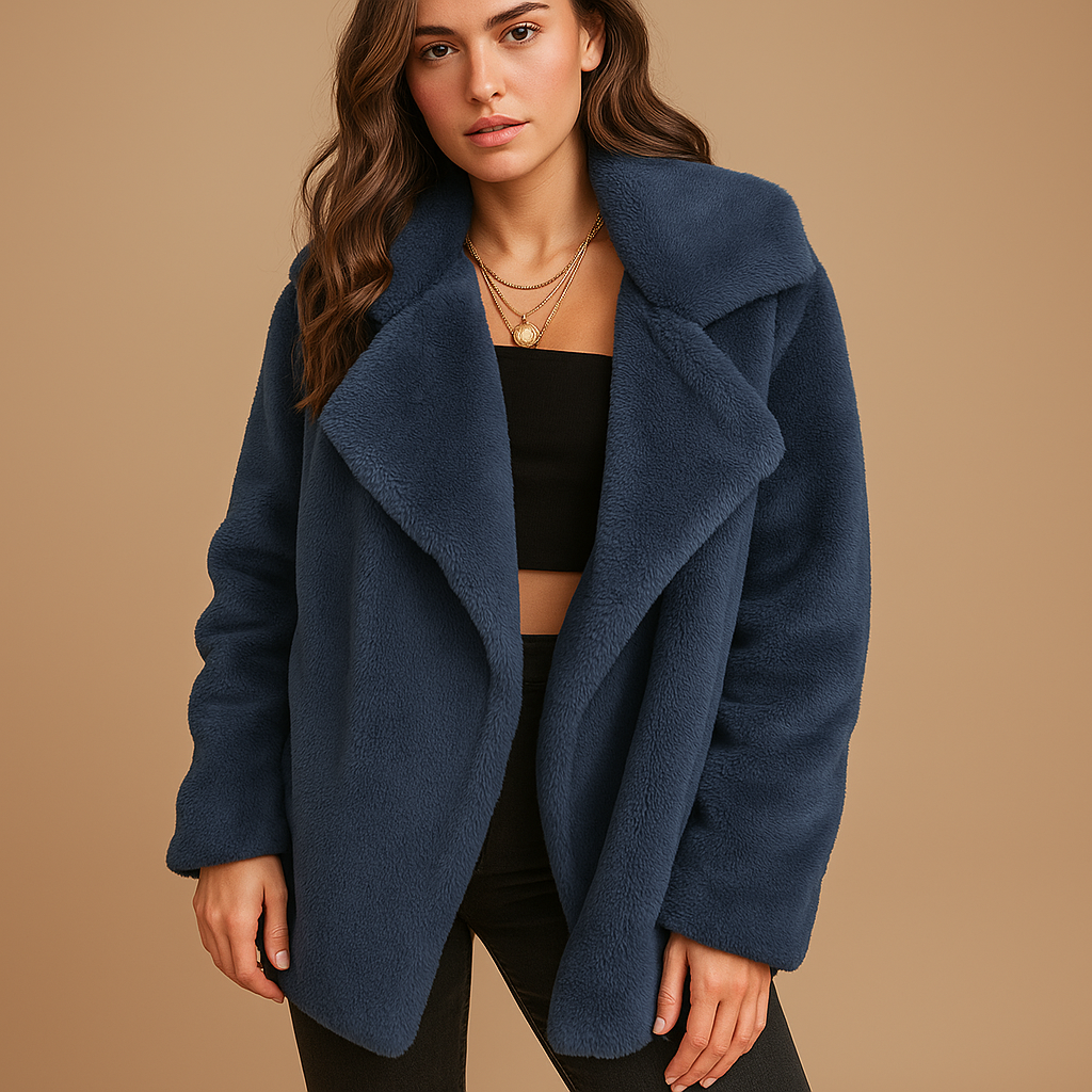 Plush winter coat for women with lapel collar, silky-soft texture, and practical side pockets—ideal for warmth and style in cold weather.