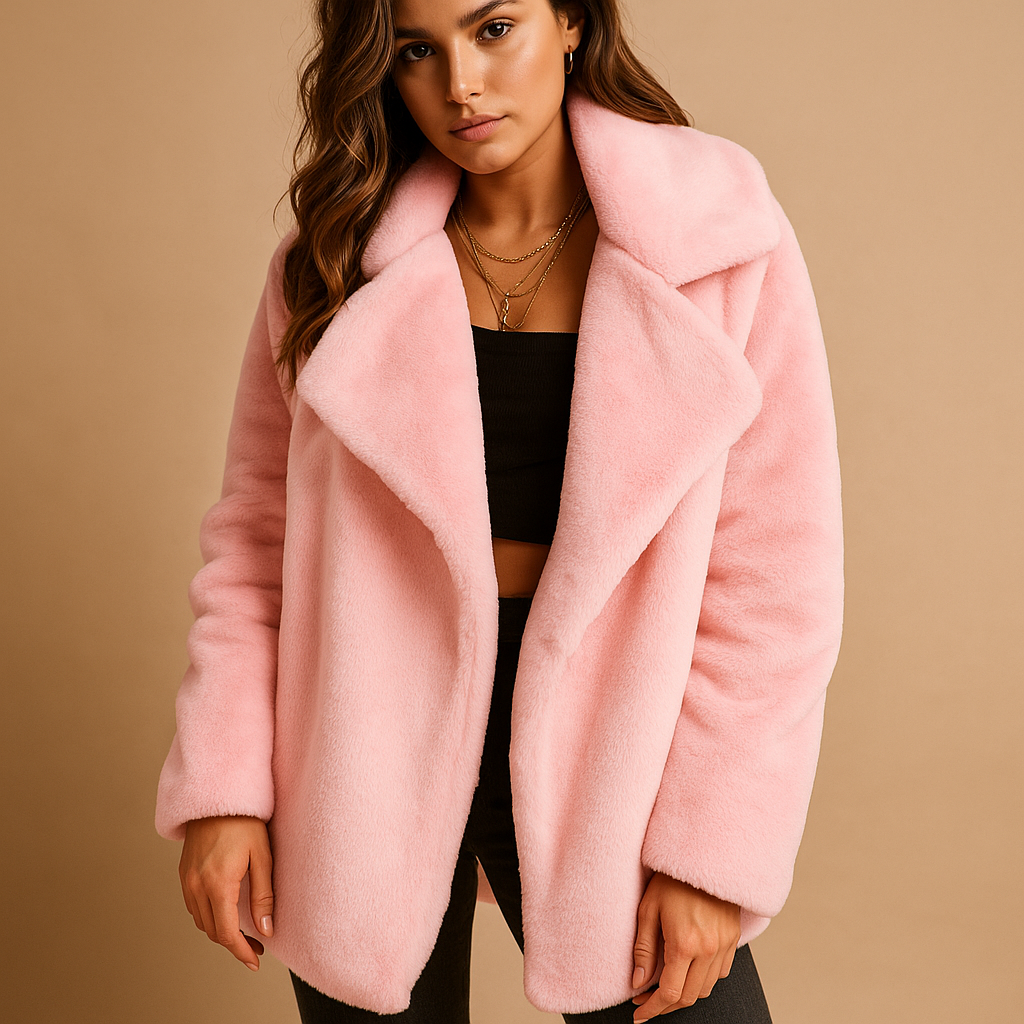 Plush winter coat for women with lapel collar, silky-soft texture, and practical side pockets—ideal for warmth and style in cold weather.