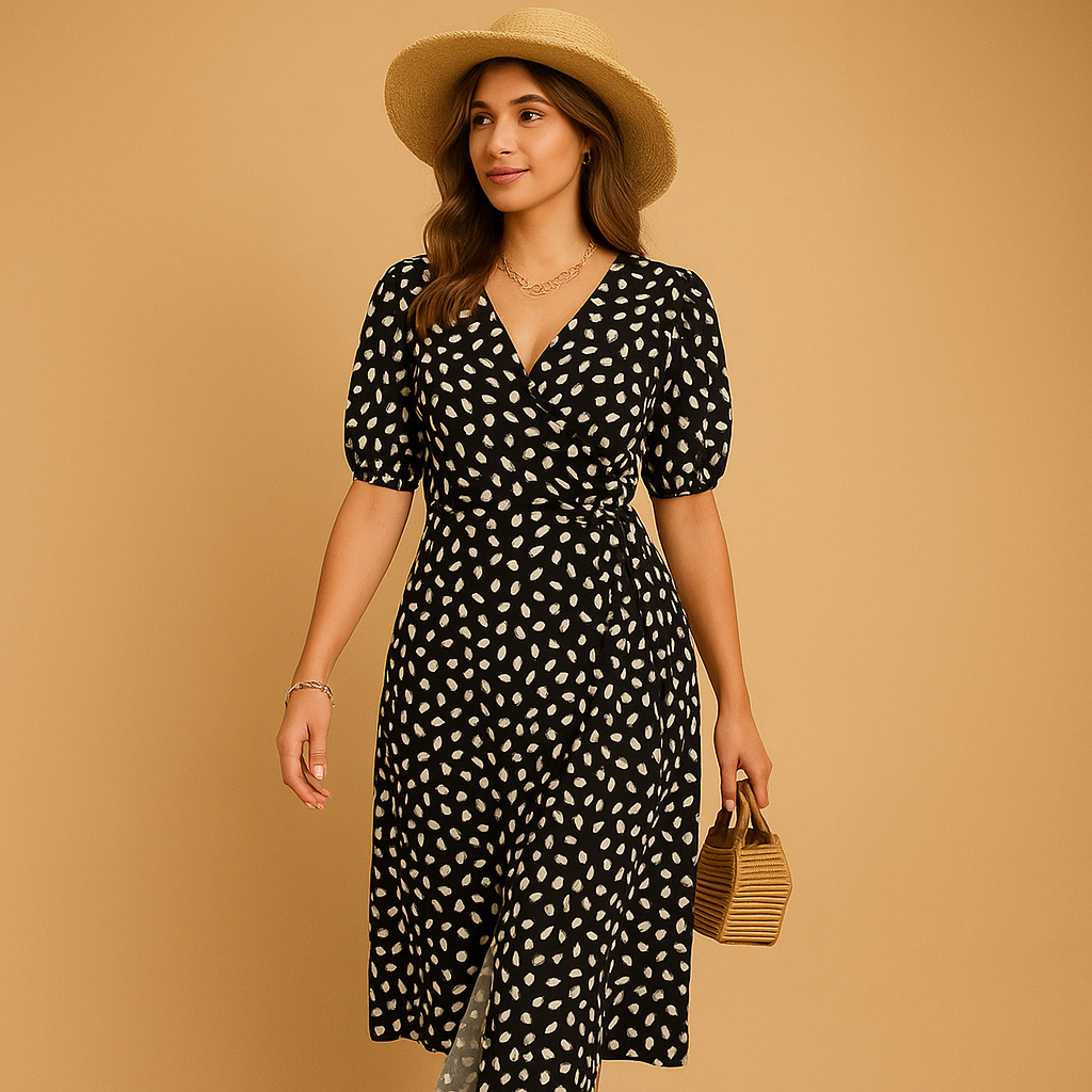 Polka dot summer wrap dress for women with V-neck and slit, ideal for casual days, beach parties, and garden events.
