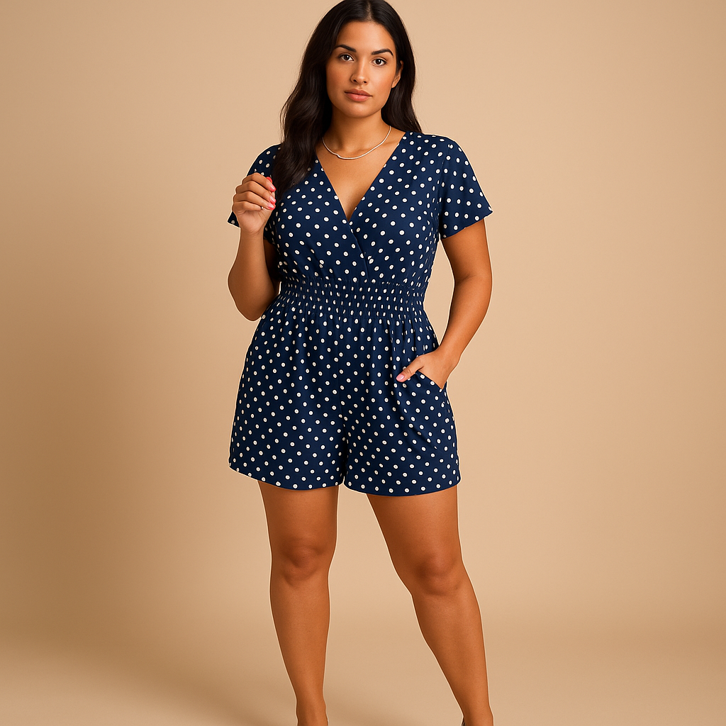 Polkadot summer jumpsuit for women in breathable fabric with pockets, perfect for casual summer outings, relaxed dinners, and everyday elegance.