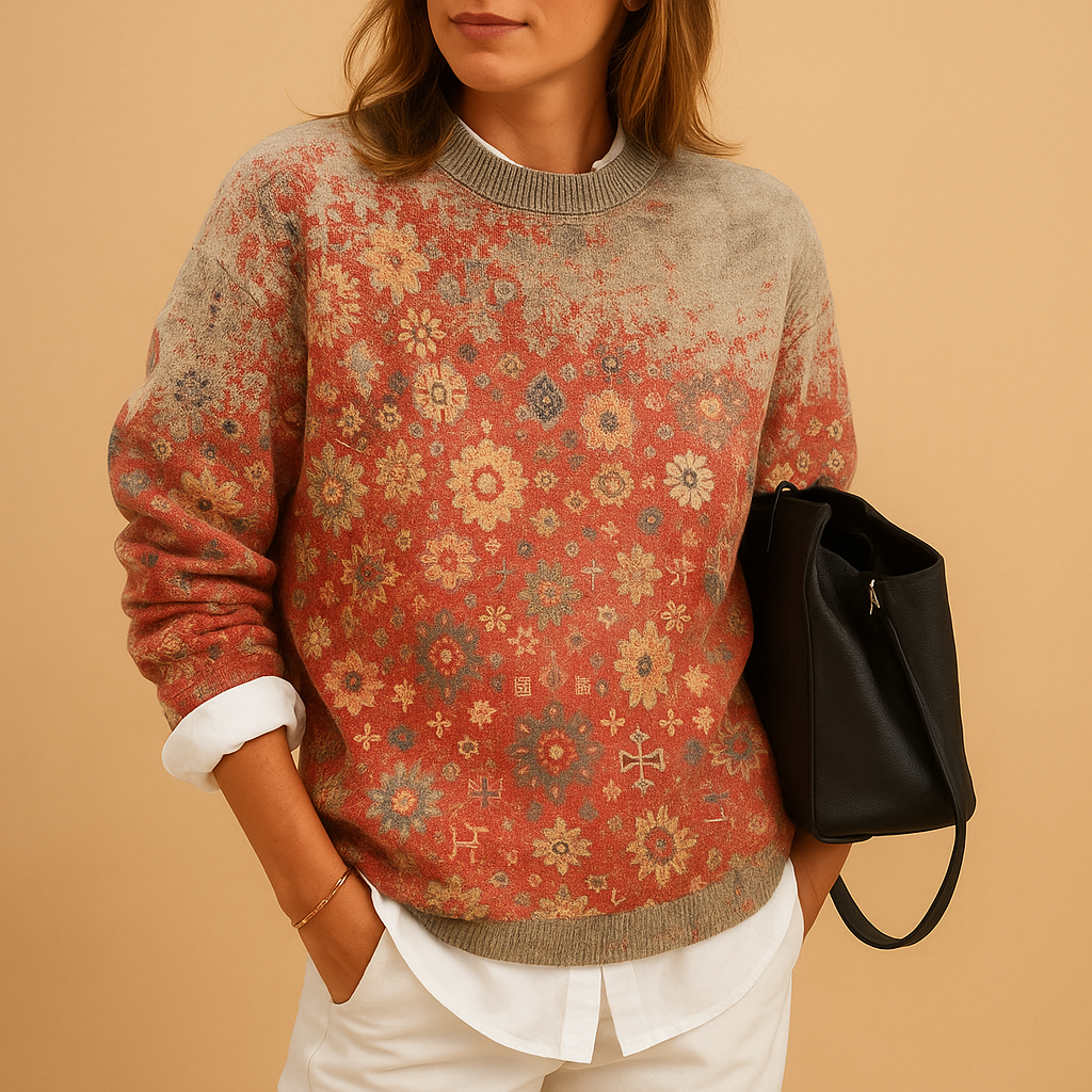 Women’s printed knit sweater with round neck, available in khaki, black, blue, red, and sky blue—perfect for stylish everyday wear.