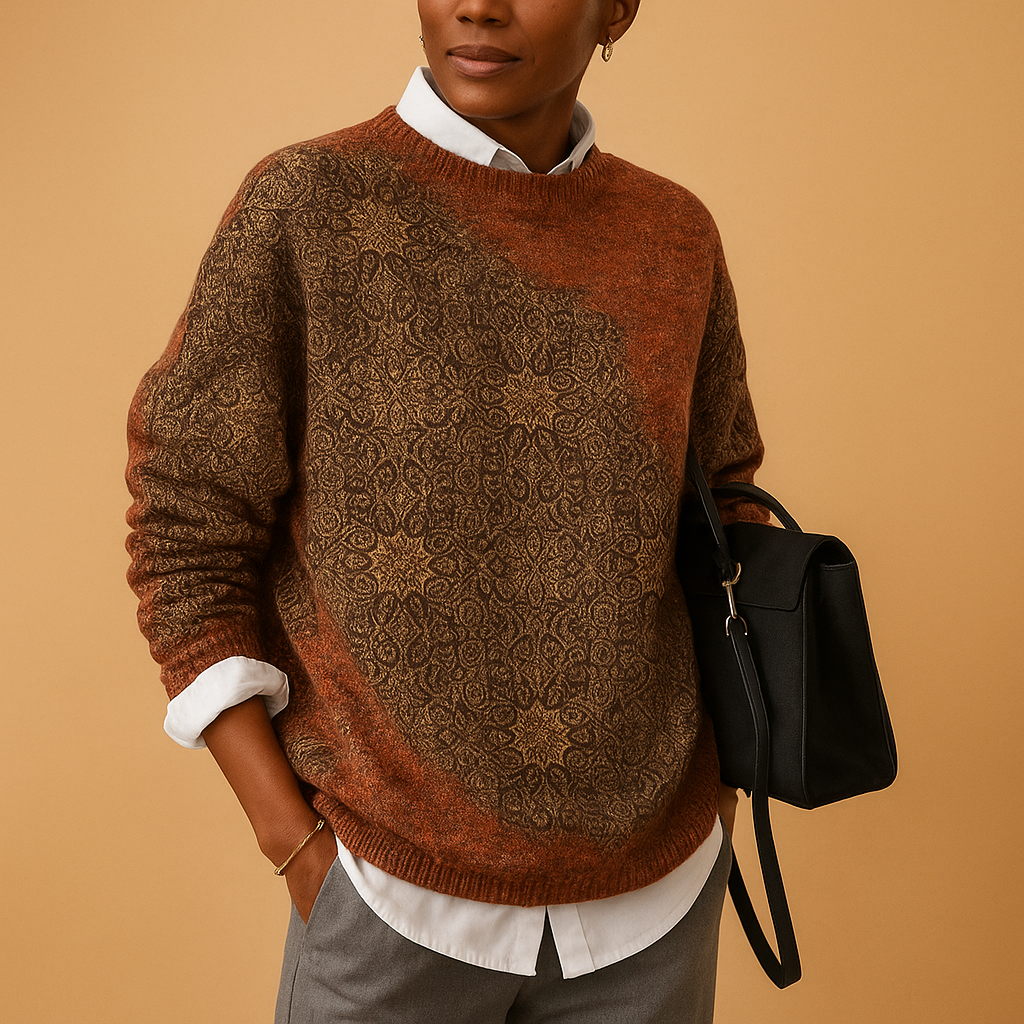 Women’s printed knit sweater with round neck, available in khaki, black, blue, red, and sky blue—perfect for stylish everyday wear.
