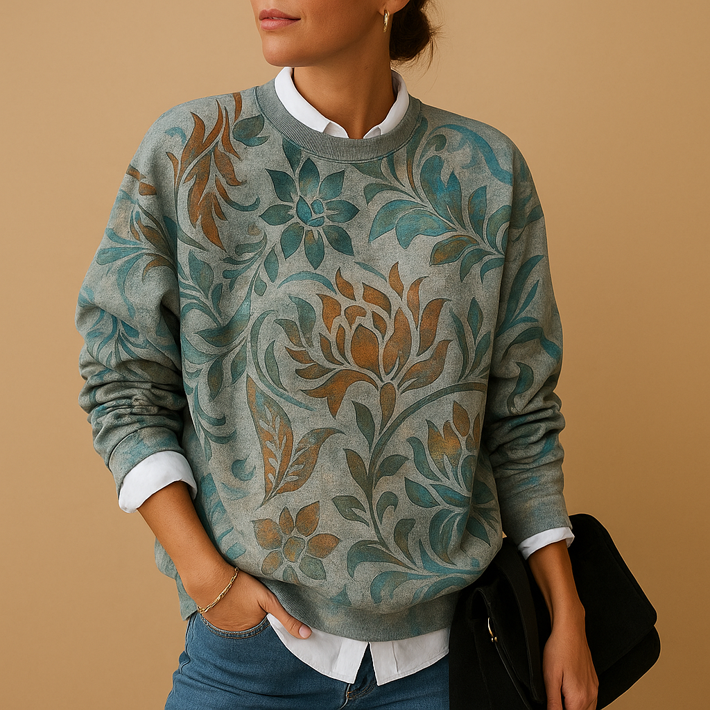 Women’s printed knit sweater with round neck, available in khaki, black, blue, red, and sky blue—perfect for stylish everyday wear.