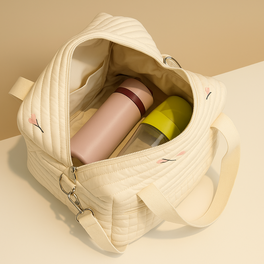 Quilted baby travel bag for women with insulated interior, cushioned design, and multiple compartments—perfect for on-the-go mums and daily baby care.