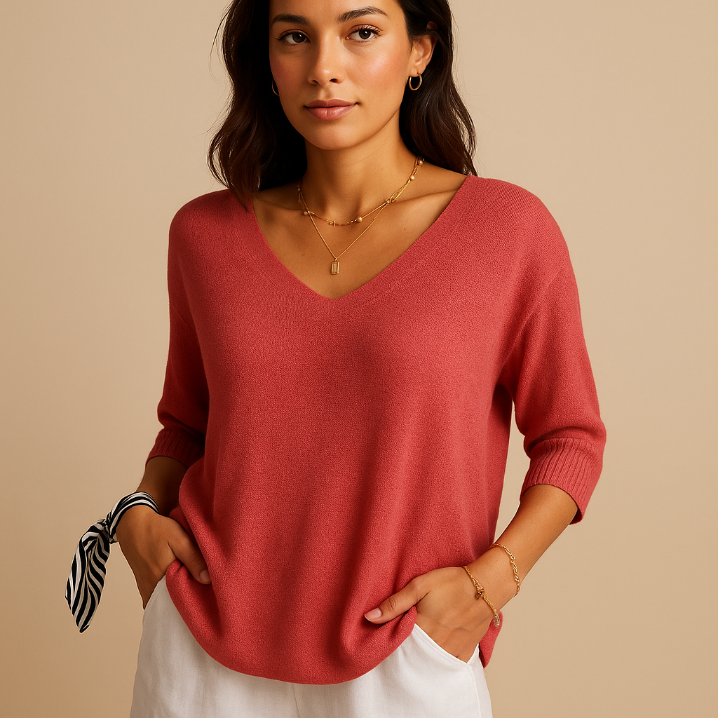 Relaxed elegant top for women in soft neutral tones with a modern fit, perfect for casual wear or at-home comfort.