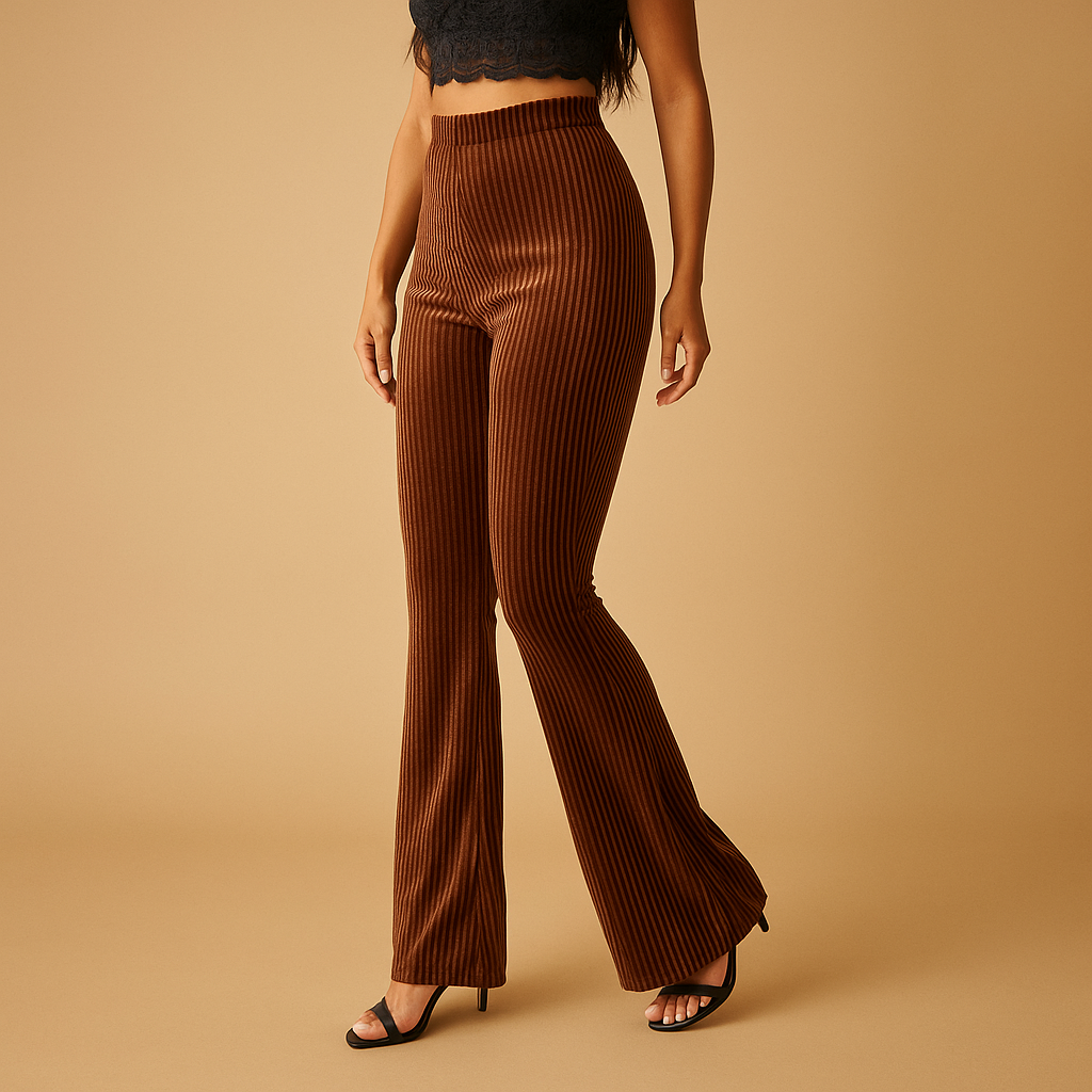 Retro flared corduroy pants for women in green, brown, or black with a high waist and soft ribbed texture, ideal for stylish outfits.