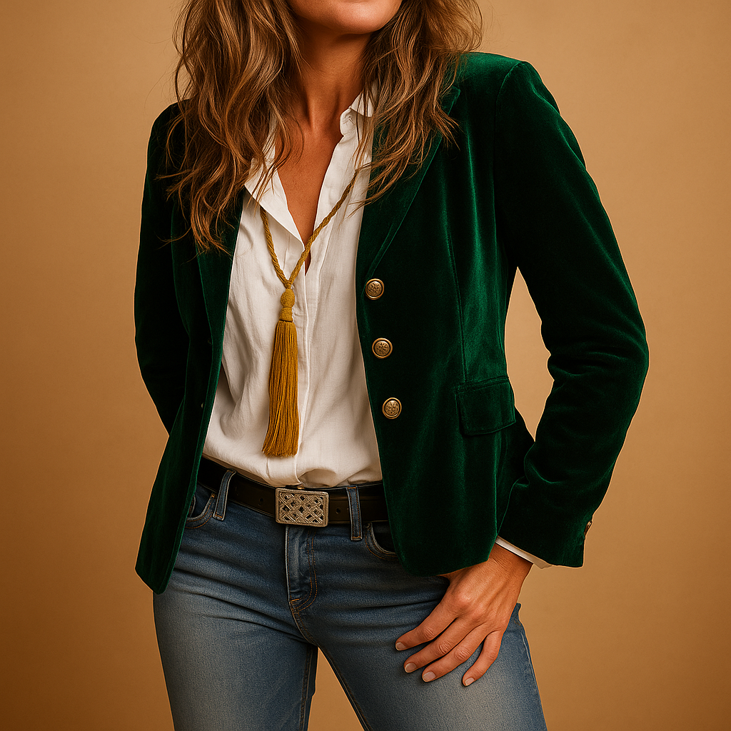Women’s slim-fit retro blazer with tailored silhouette, lapel collar, and pockets, perfect for work or stylish everyday outfits.