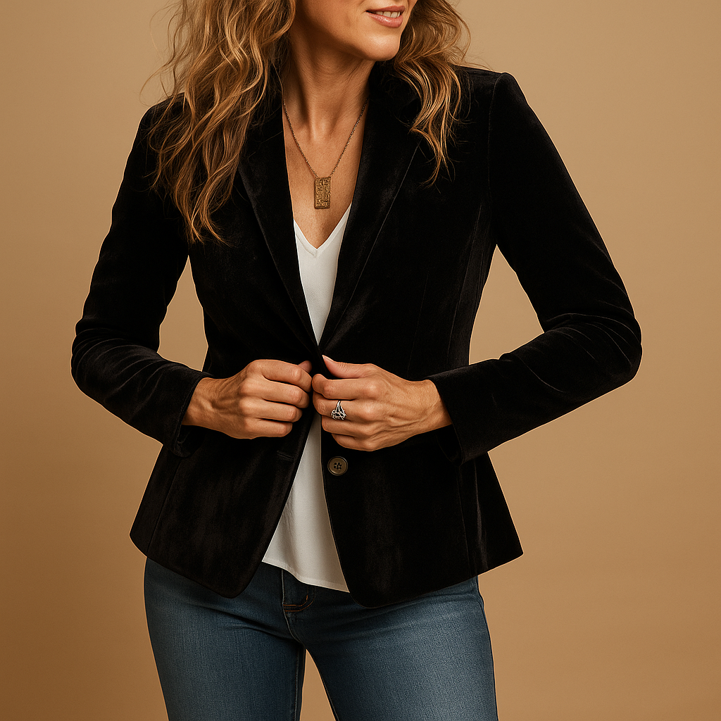 Women’s slim-fit retro blazer with tailored silhouette, lapel collar, and pockets, perfect for work or stylish everyday outfits.