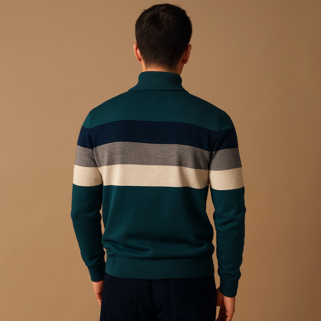 Men’s retro striped pullover with zip collar, soft fabric, and casual fit in green, khaki, navy, and black for autumn and winter wear.