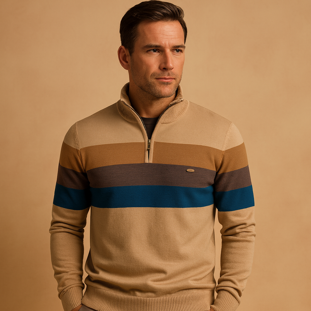 Men’s retro striped pullover with zip collar, soft fabric, and casual fit in green, khaki, navy, and black for autumn and winter wear.