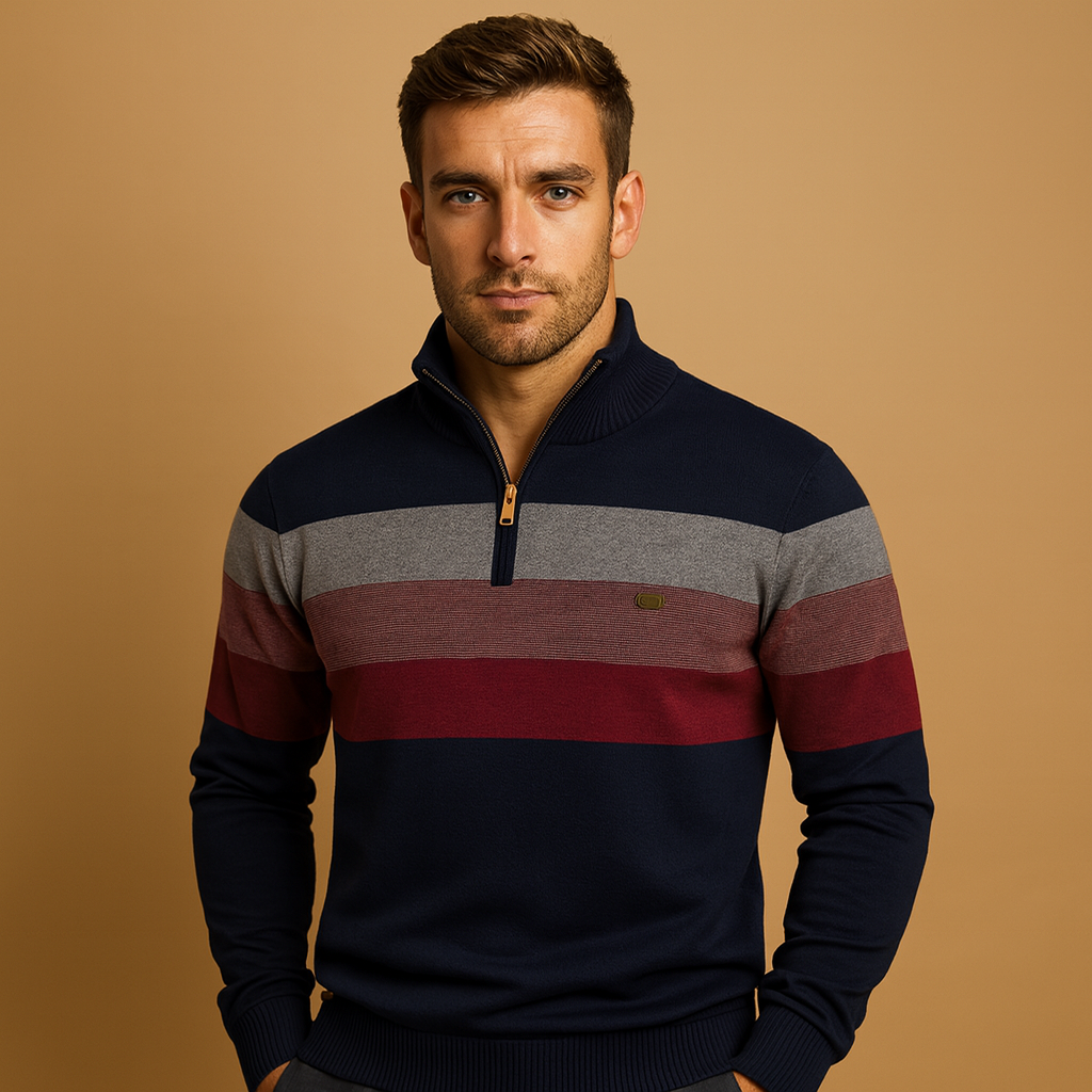 Men’s retro striped pullover with zip collar, soft fabric, and casual fit in green, khaki, navy, and black for autumn and winter wear.
