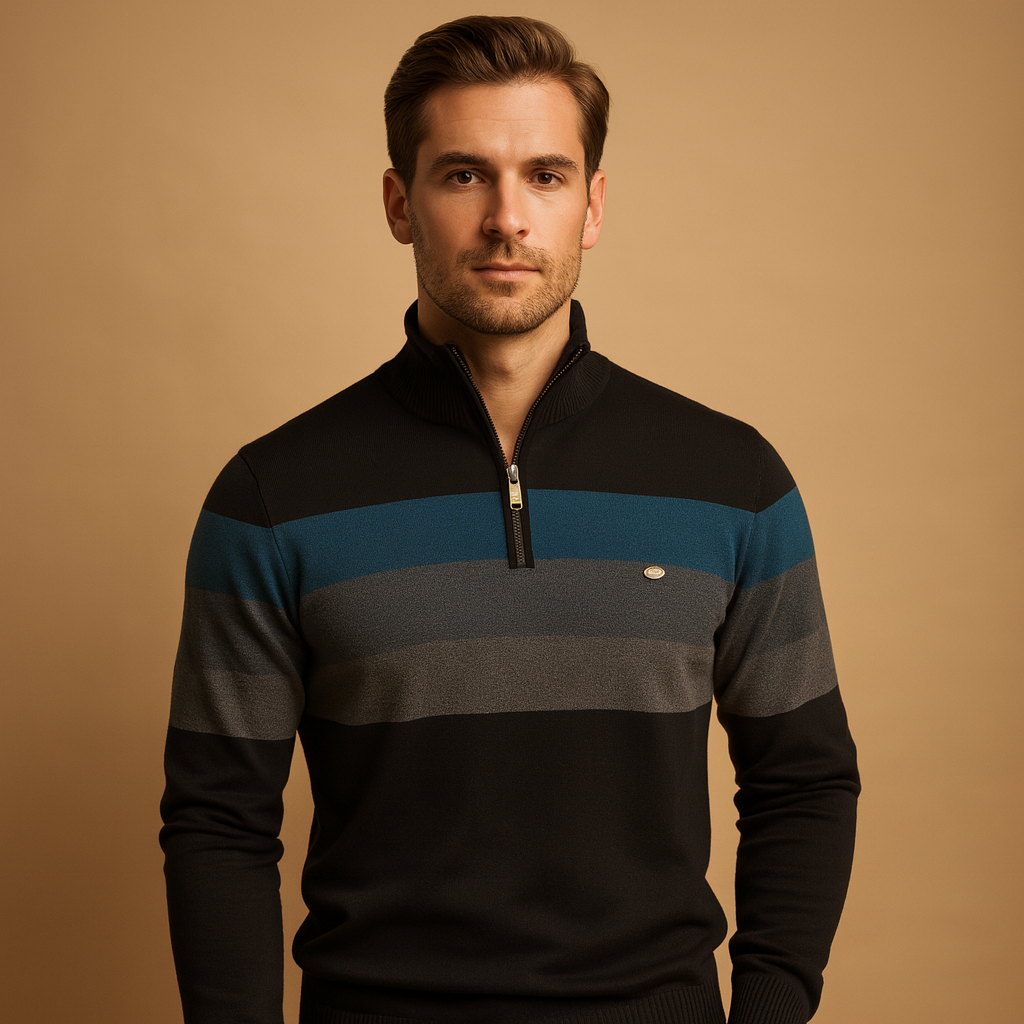 Men’s retro striped pullover with zip collar, soft fabric, and casual fit in green, khaki, navy, and black for autumn and winter wear.