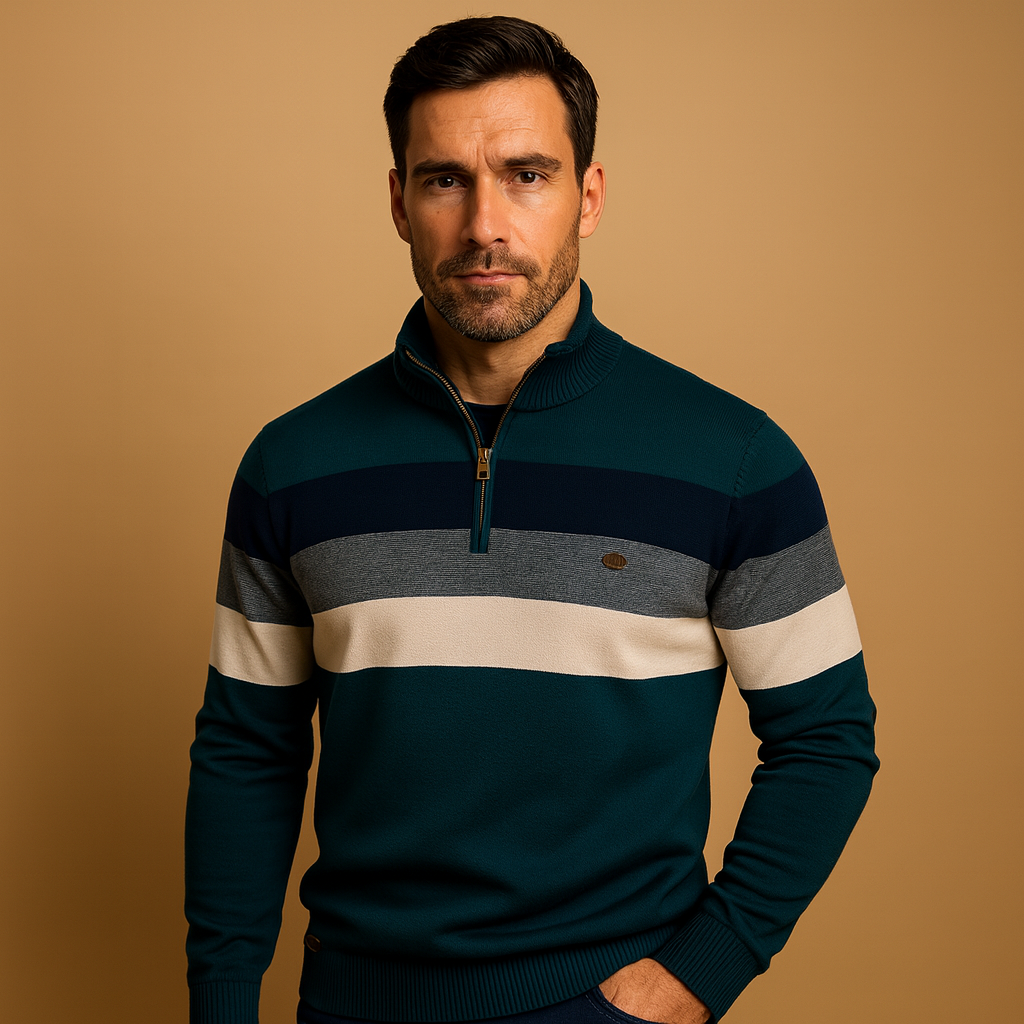 Men’s retro striped pullover with zip collar, soft fabric, and casual fit in green, khaki, navy, and black for autumn and winter wear.
