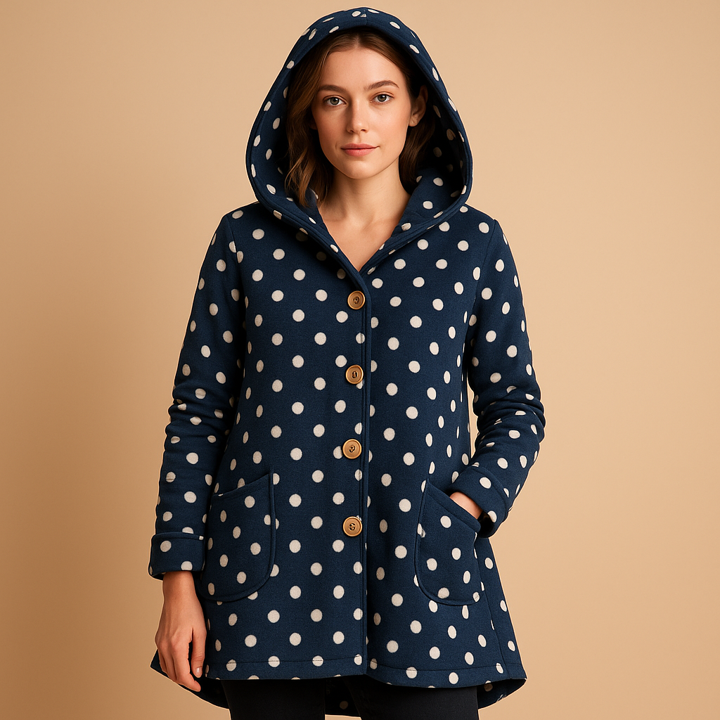 Reversible fleece jacket with hood for women in soft pastel colors, cozy and elegant for winter outings.