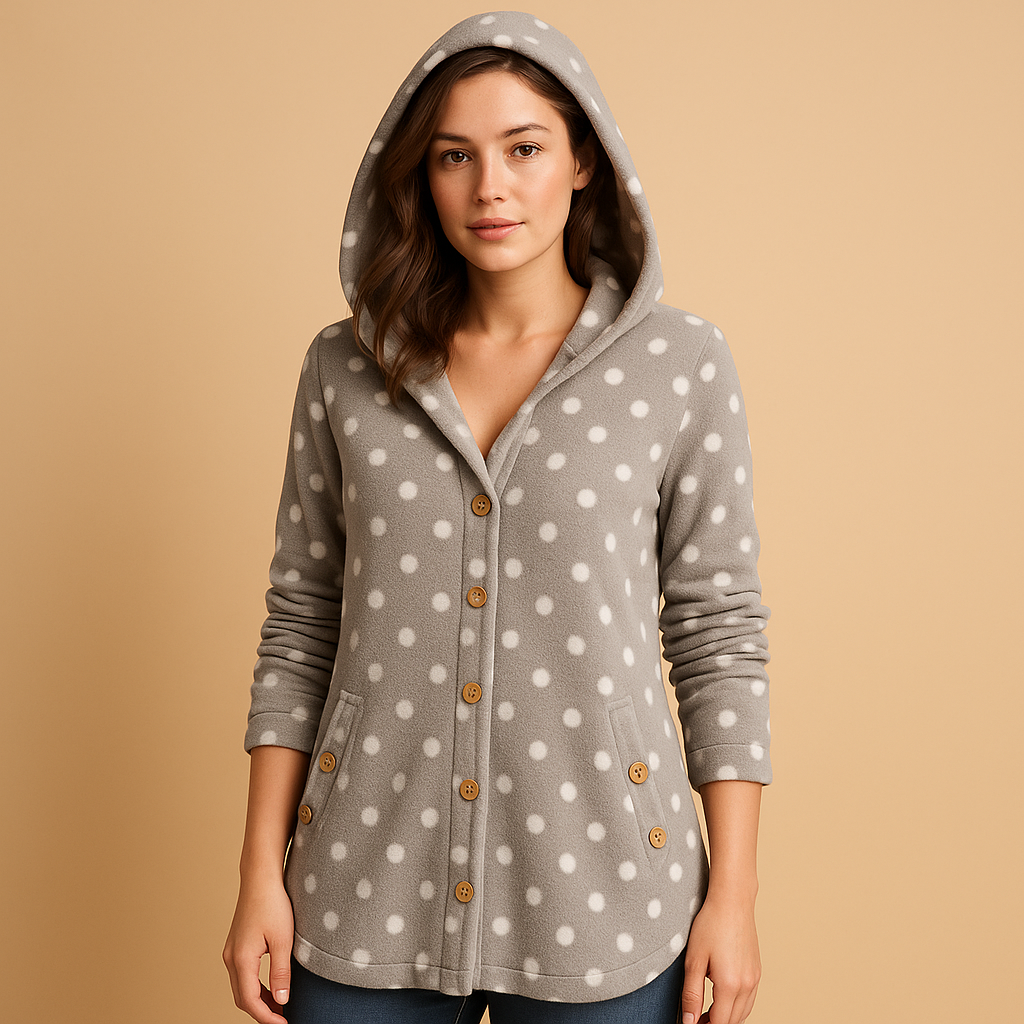 Reversible fleece jacket with hood for women in soft pastel colors, cozy and elegant for winter outings.