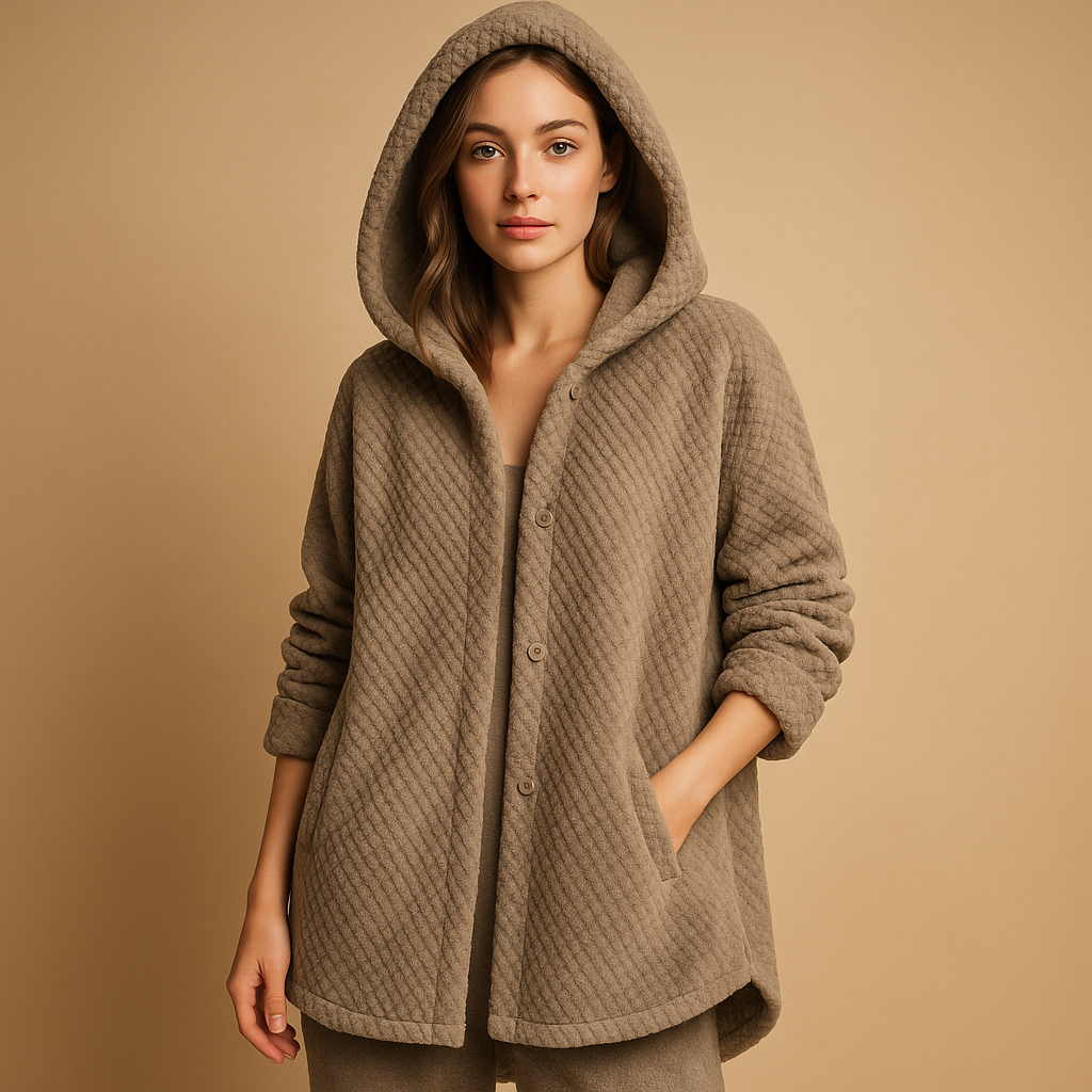 Reversible fleece jacket with hood for women in soft pastel colors, cozy and elegant for winter outings.