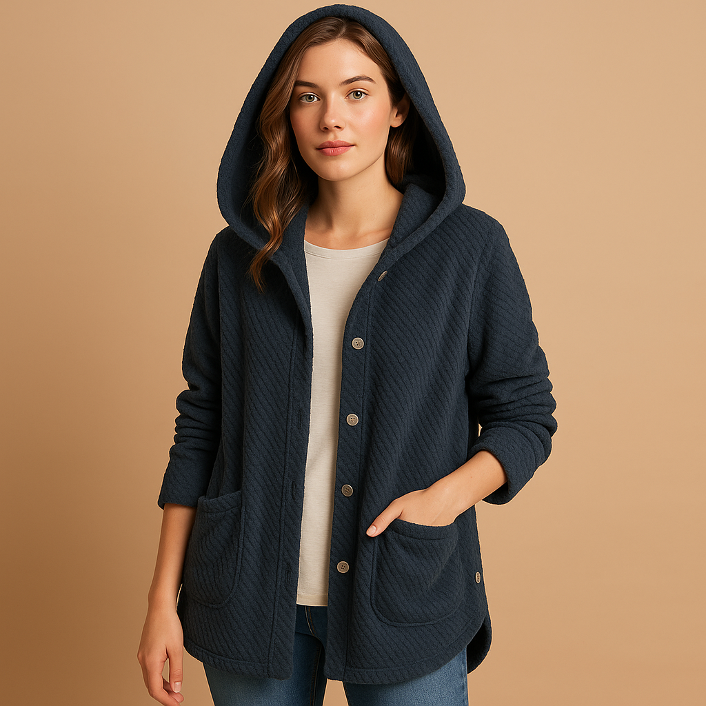 Reversible fleece jacket with hood for women in soft pastel colors, cozy and elegant for winter outings.