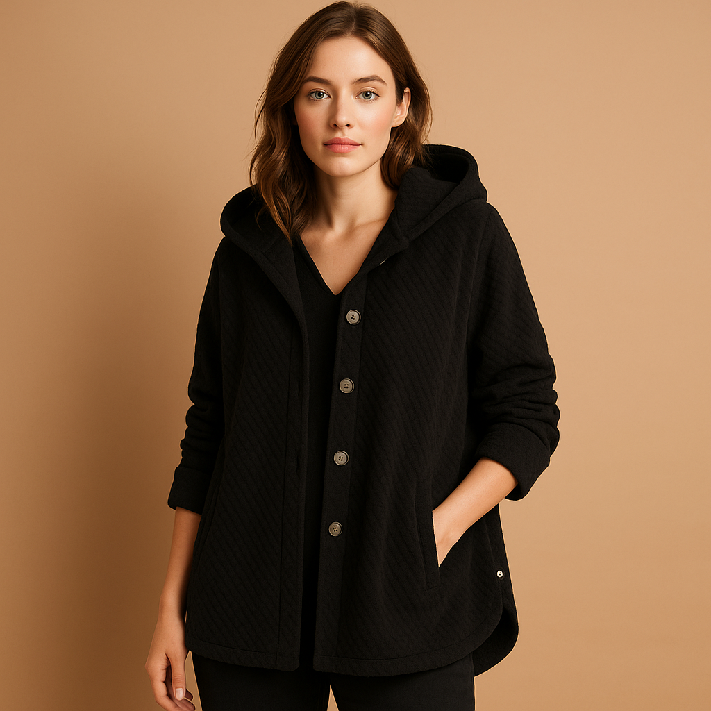 Reversible fleece jacket with hood for women in soft pastel colors, cozy and elegant for winter outings.