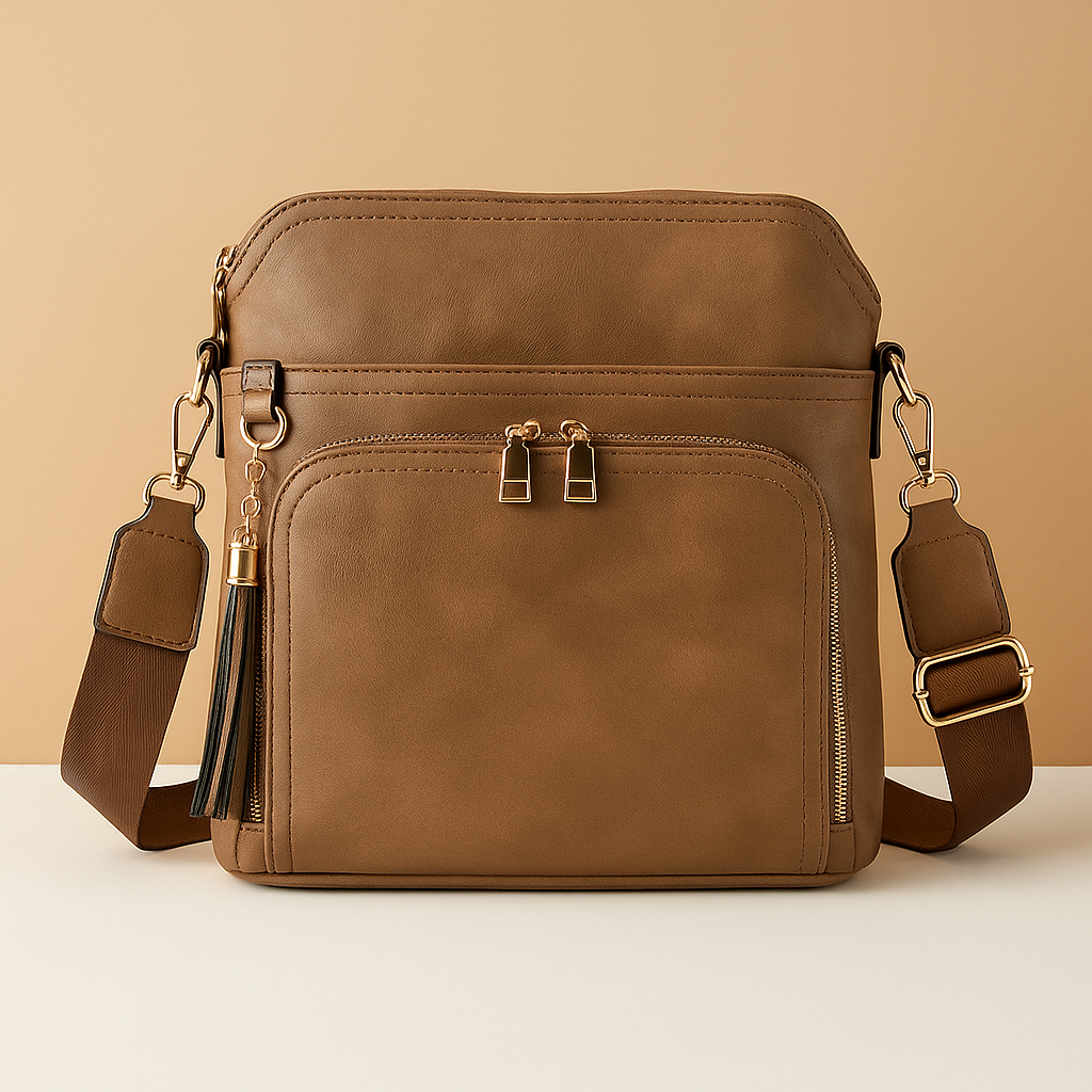 Women's RFID crossbody bag with anti-theft pocket and water-resistant faux leather exterior, convertible to clutch with tassel detail