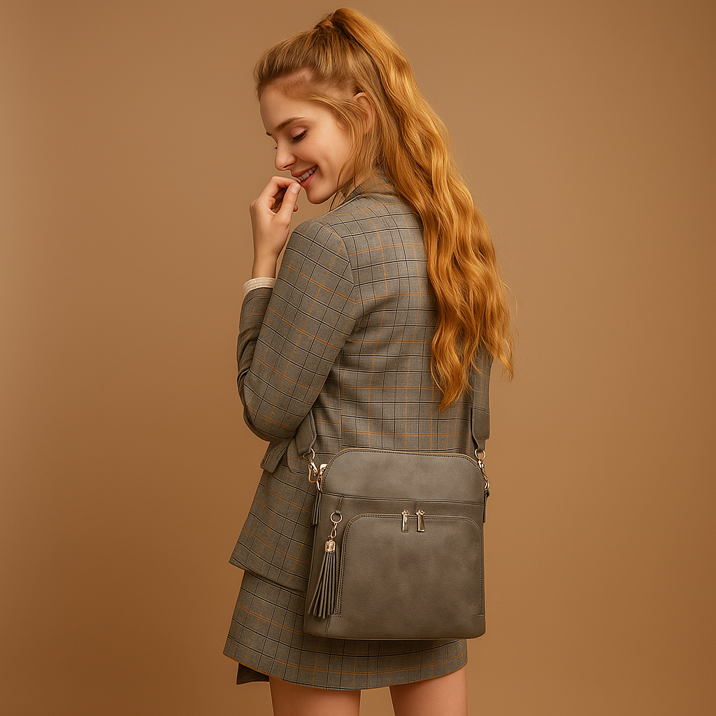 Women's RFID crossbody bag with anti-theft pocket and water-resistant faux leather exterior, convertible to clutch with tassel detail